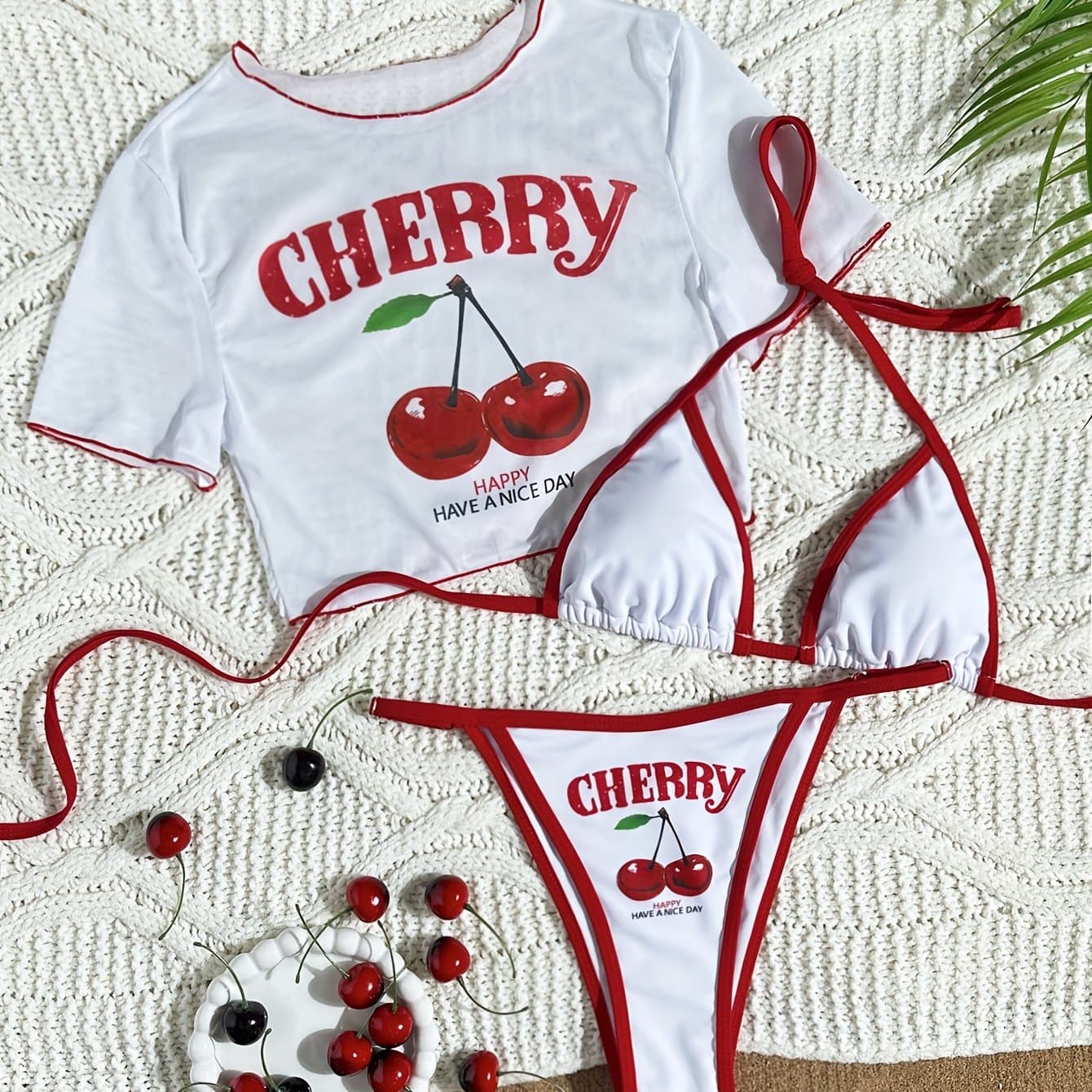 TEMU Women's Fashionable And Sexy Edition Letter Print 3pcs Swimsuit Set: Halter Neck Top With Briefs And Cherry Print - Targeted Plan