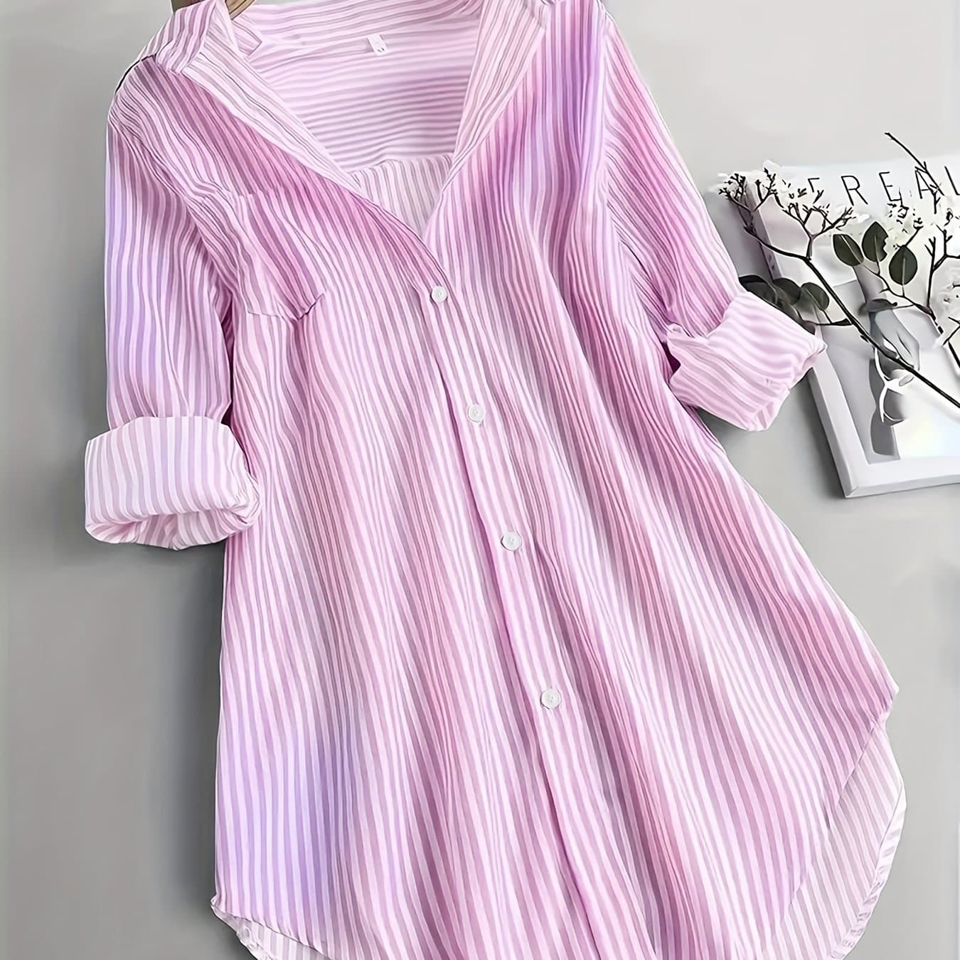 TEMU Plus Size, Women's Plus Size Long Sleeve Striped Shirt