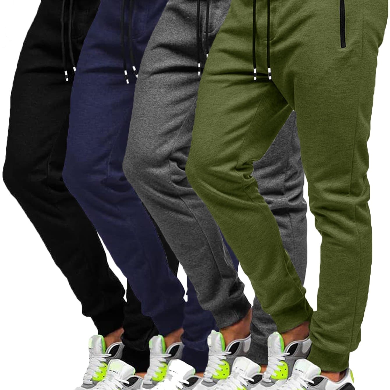 TEMU 4pcs Men's Slim Fit Jogging Sweatpants With Zippered Pockets, Drawstring, Polyester And Spandex , Solid Apparel For Gym Workout Running