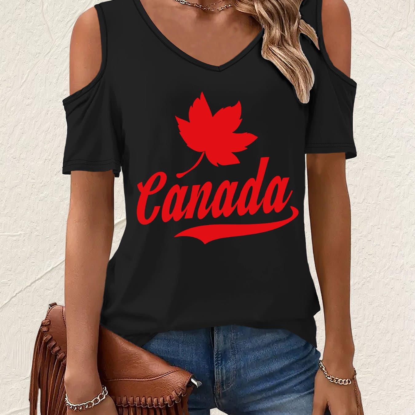 TEMU Graphic Print T-shirt, Short Sleeve V Neck Casual Top For Summer & Spring, Women's Clothing