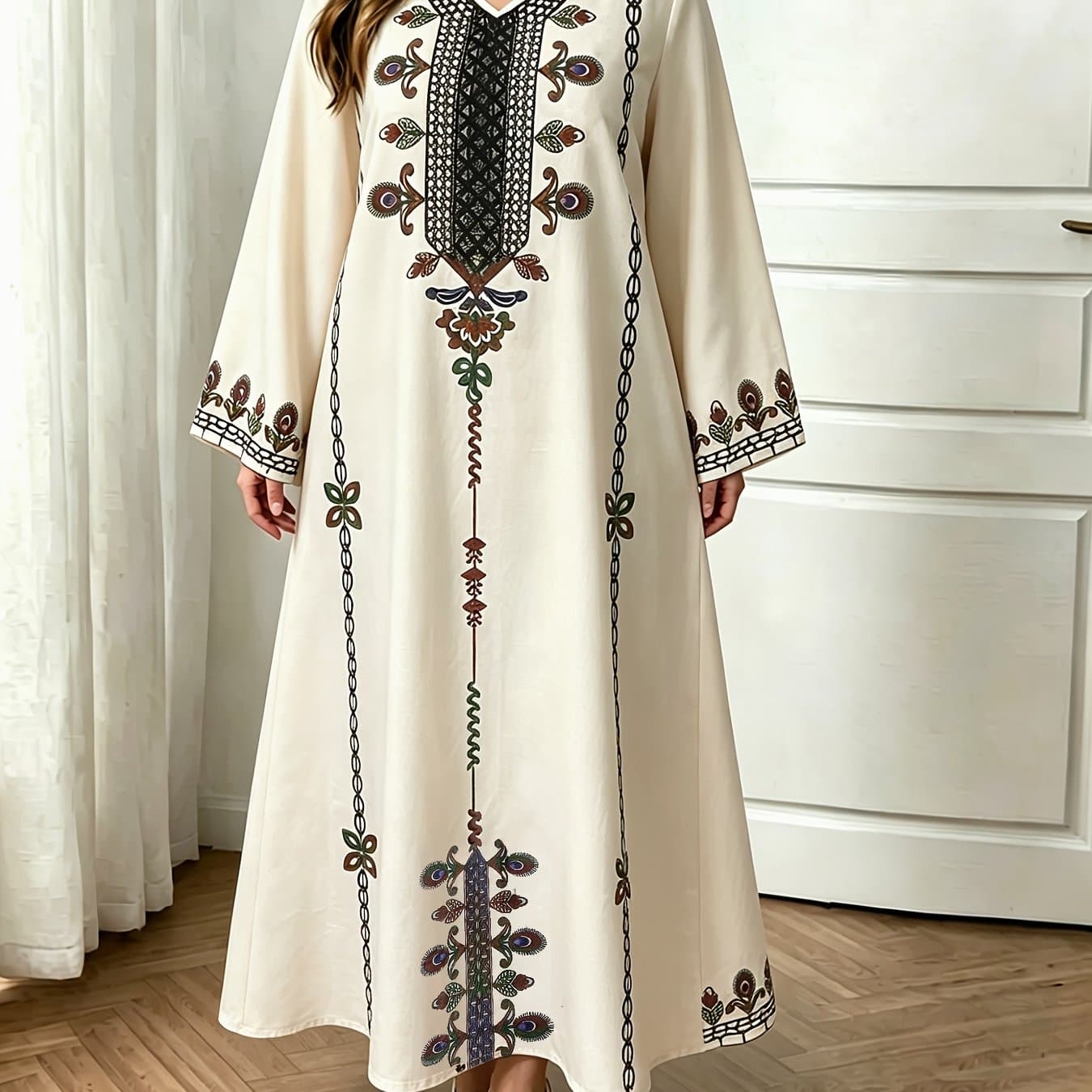 TEMU Plus Size, Middle Eastern Elegant Robe, /autumn Plus Size Fashion Women's Ethnic Print Temperament Commuter Loose Comfortable Long Sleeve Dress