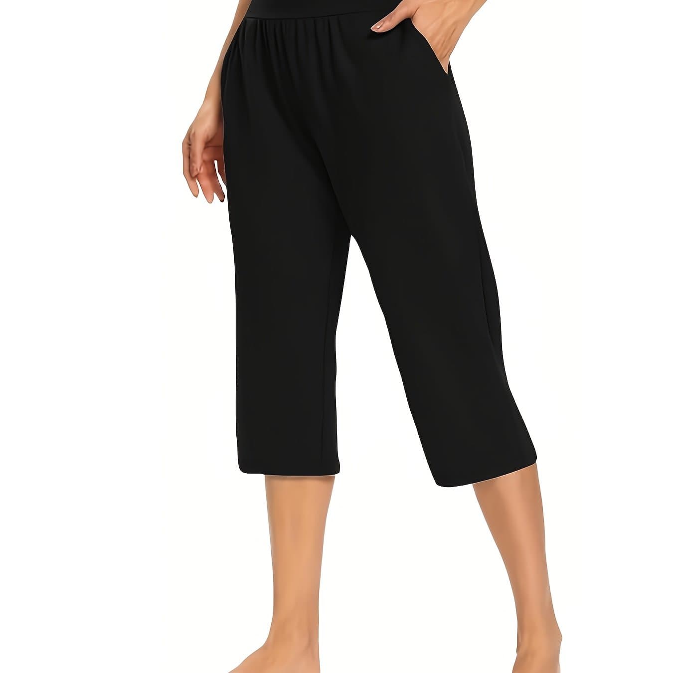 TEMU Summer Women's Pull-on Cropped Pants, Fashionable, Casual, Stretchy, Lightweight, Elastic, High-waisted, Casual Pants