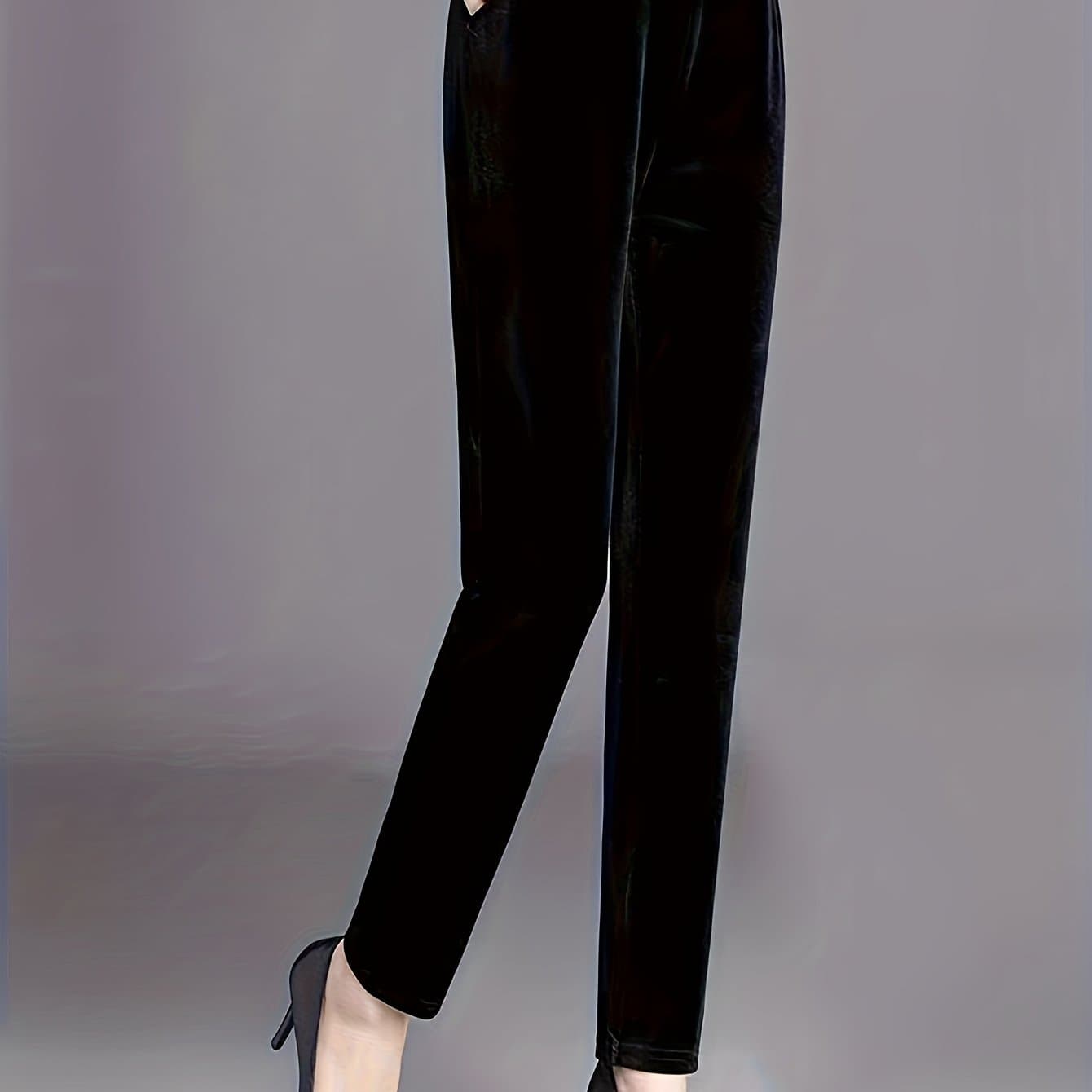 TEMU Black Velvet Trousers For Women - Casual Regular Fit With Medium Stretch Waistband, Suitable For Machine Washing, Ideal For Office And Social And Fall | Comfortable Elastic Waist