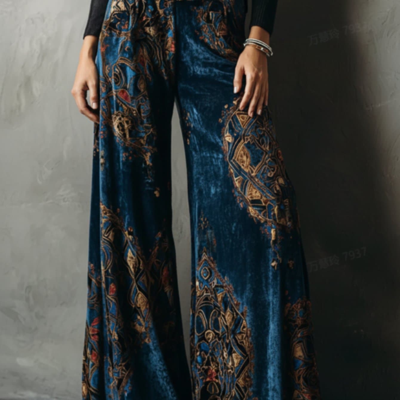TEMU Vintage Pattern Wide-leg Pants For Women | Bohemian Light , Suitable For Casual Social And Vacation Occasions