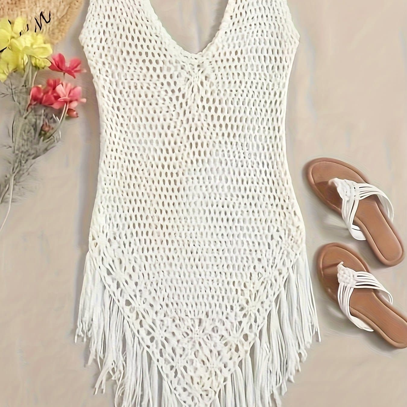 TEMU Boho Beach Hollow Cover Up Bodycon Dress - Women's Sleeveless Crochet Dress With Tassel