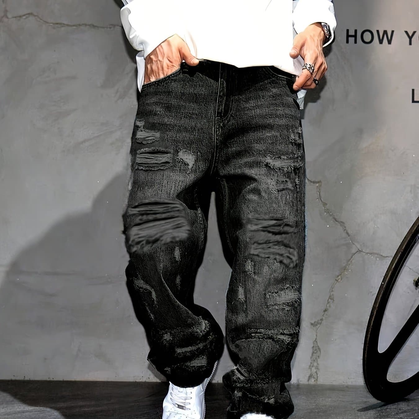 TEMU Y2k And Street Trend Patch Hole Wide Leg Jeans For Men, Trendy And , Loose Design, Men's Straight Leg Pants