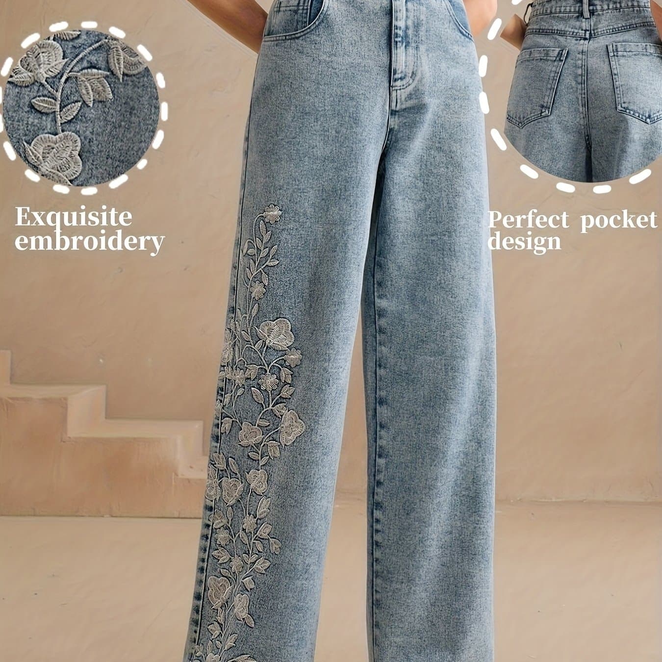 TEMU Women's Elegant Floral Embroidered Denim Trousers