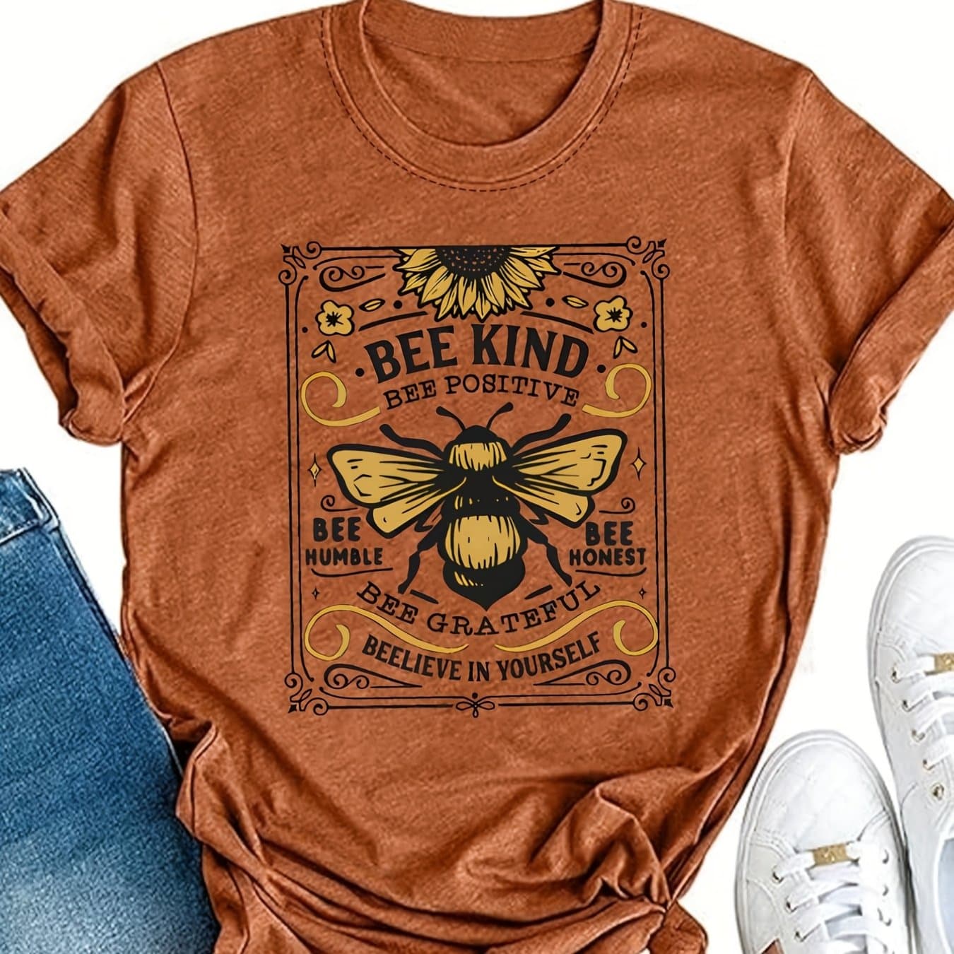 TEMU Women' Kind Bee Positive T-shirt - Short Sleeve Casual Round Neck Top With & Honeycomb Design, Brown & Motif For Spring Summer Fall, Machine Washable Casual Attire, Beekeeper Inspired Apparel