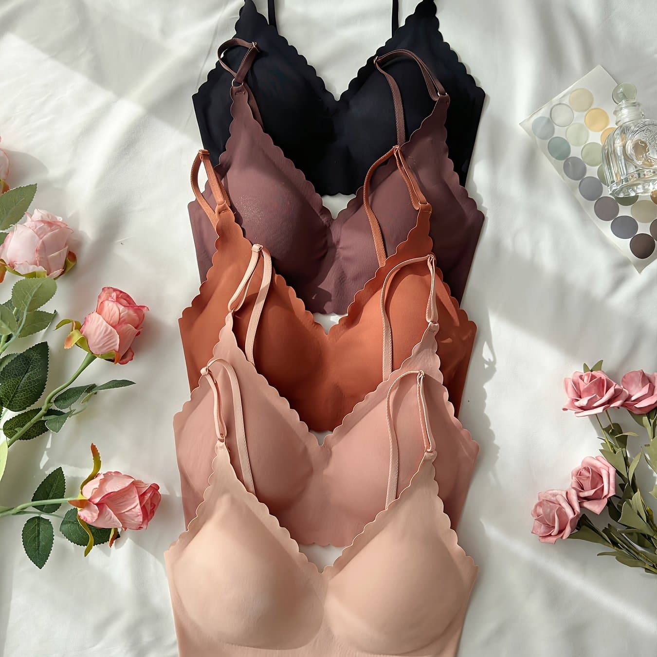 TEMU 5pcs Seamless Bralette Set Breathable Fabric Elegant Solid Color Wireless Detachable Bra Pads Medium Support Adult Women's Underwear Sleepwear Loungewear
