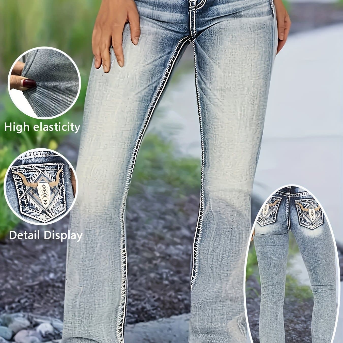TEMU Autumn And Winter Women's Jeans, Embroidered Stretch Skinny Fit Denim Pants, Versatile Women's Jeans And Clothing