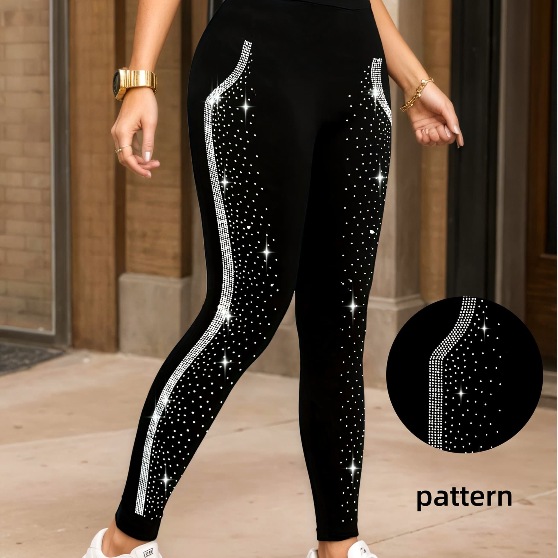 TEMU 1pc Women's Black Four-season Cropped Pants, Starry Sky Hot Drilling Leggings, Casual Outing Party Wear