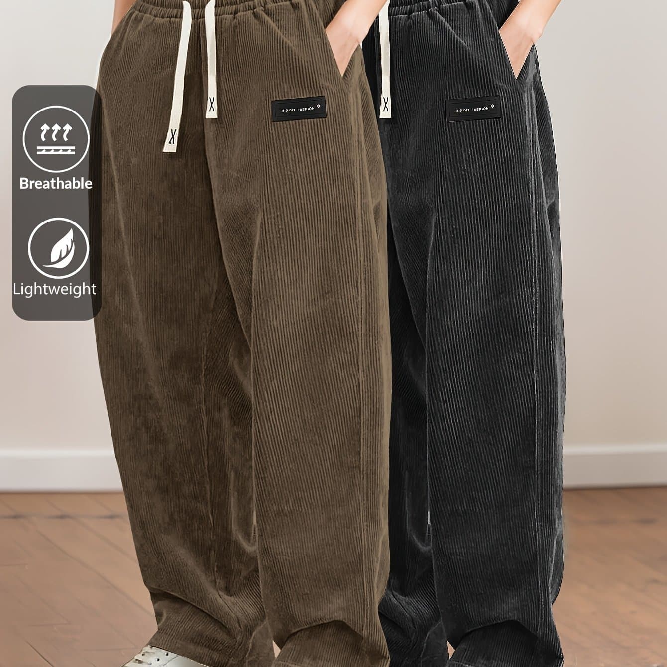 TEMU 2pcs Women's Corduroy Pants, Spring/autumn Elastic Waist With Drawstring, , Casual Trousers, Suitable For Casual, S, Dating, Etc.