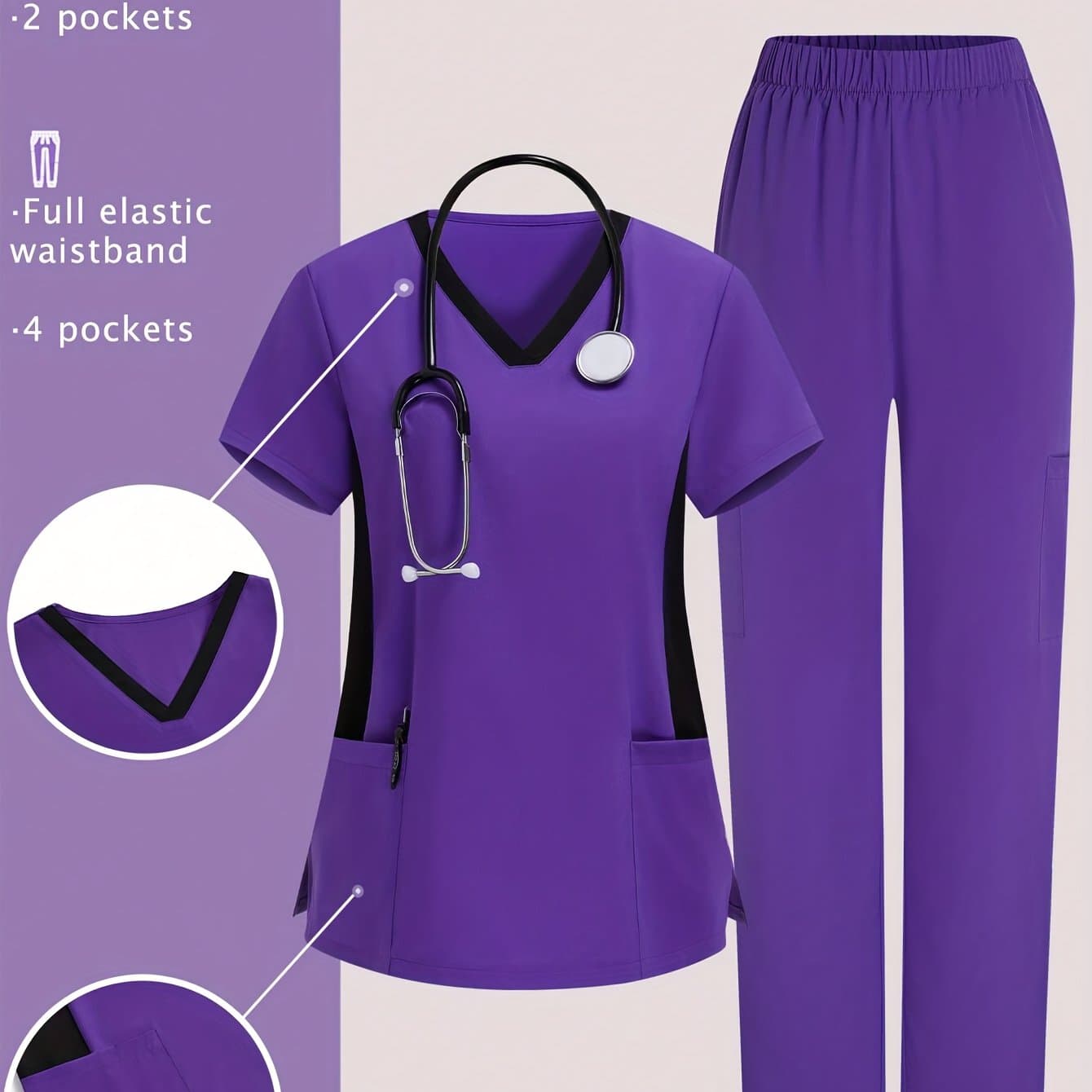 TEMU V-neck Pocket Short Sleeve Stretch Waist Side Slit Cleaning Workwear Casual 2pcs Set Uniform