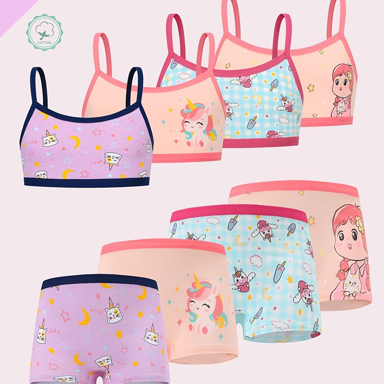 TEMU 4 Sets/8pcs Teens Girls Vest Boxers Underwear Set Cotton Print Soft Breathable Teens Bra And Panty Set