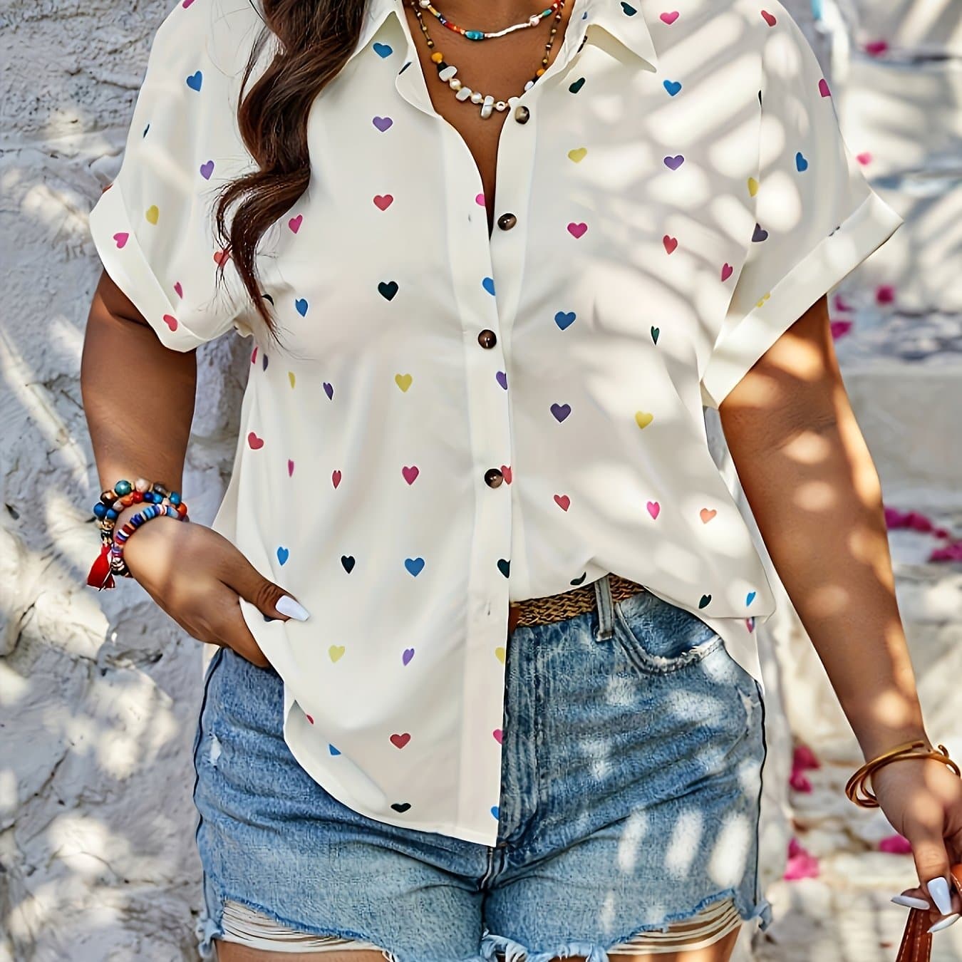 TEMU Print Button-up Short Sleeve Blouse