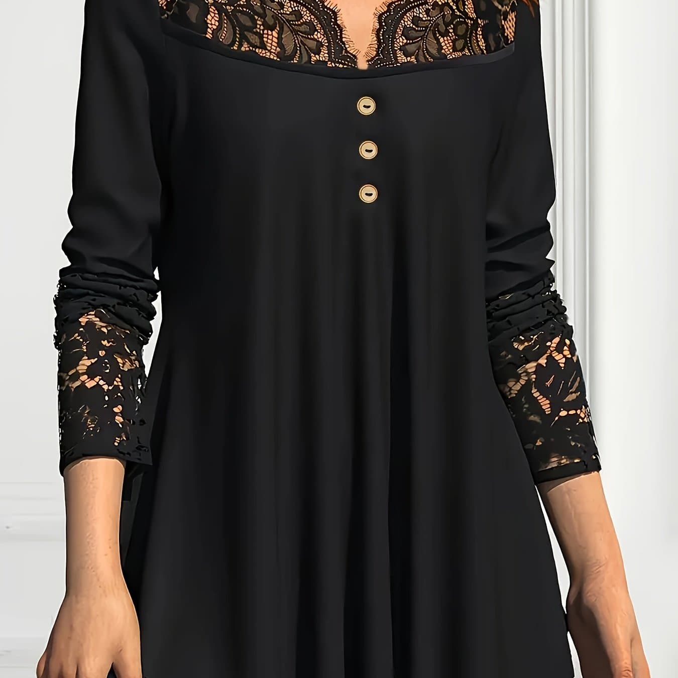 TEMU Women's V-neck Lace Trim Long Sleeve Loose-fit Solid Color Top