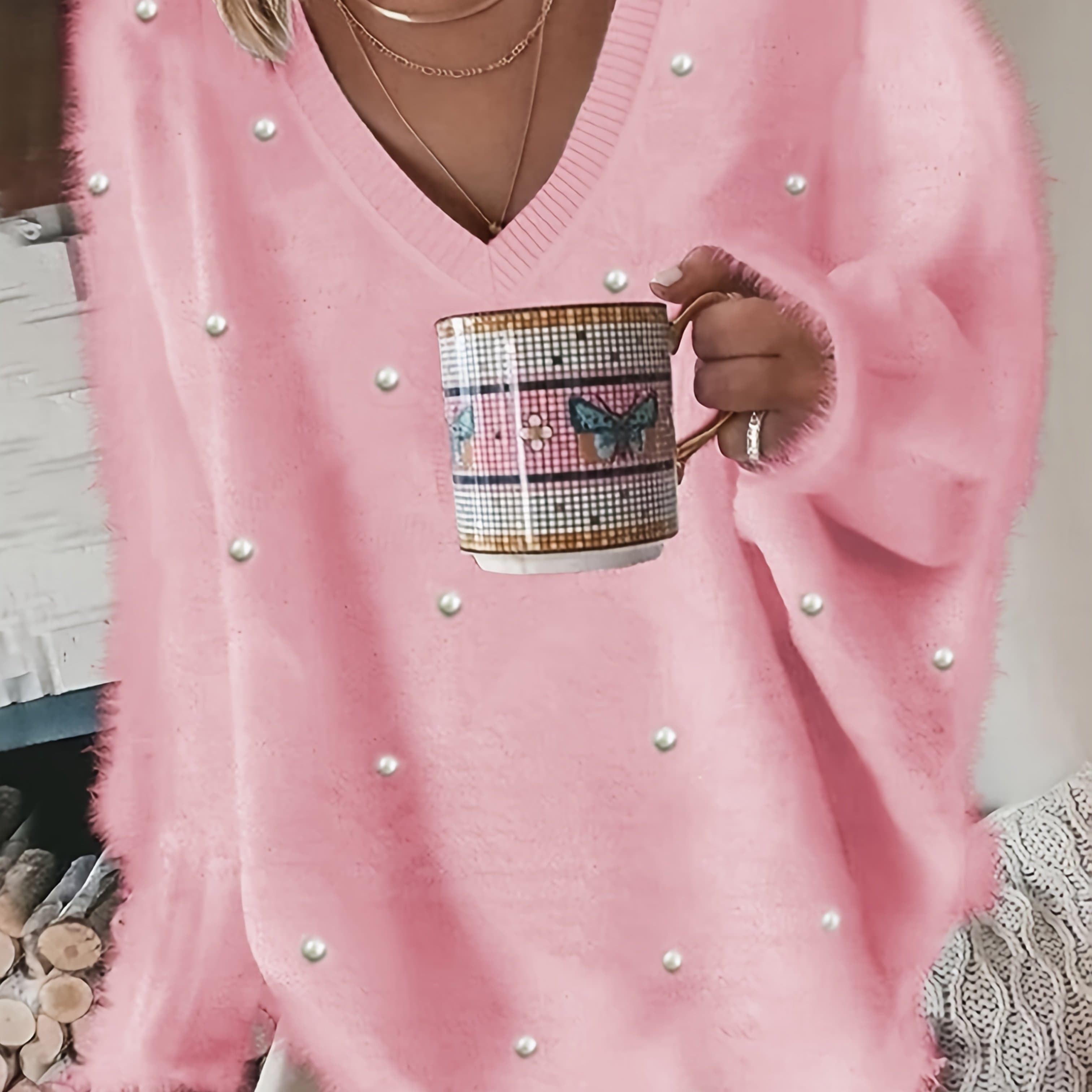 TEMU Fashion Solid Color V-neck Beaded Pullover Casual Loose Long Sleeve Top