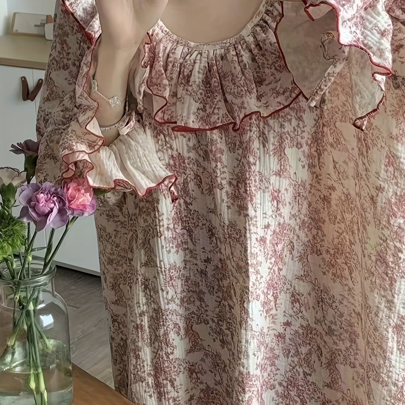 TEMU Plus Size - Plus Size - Sweet French Floral Nightgown Spring And Autumn Loose New Style Lotus Leaf Edge Skirt For Women