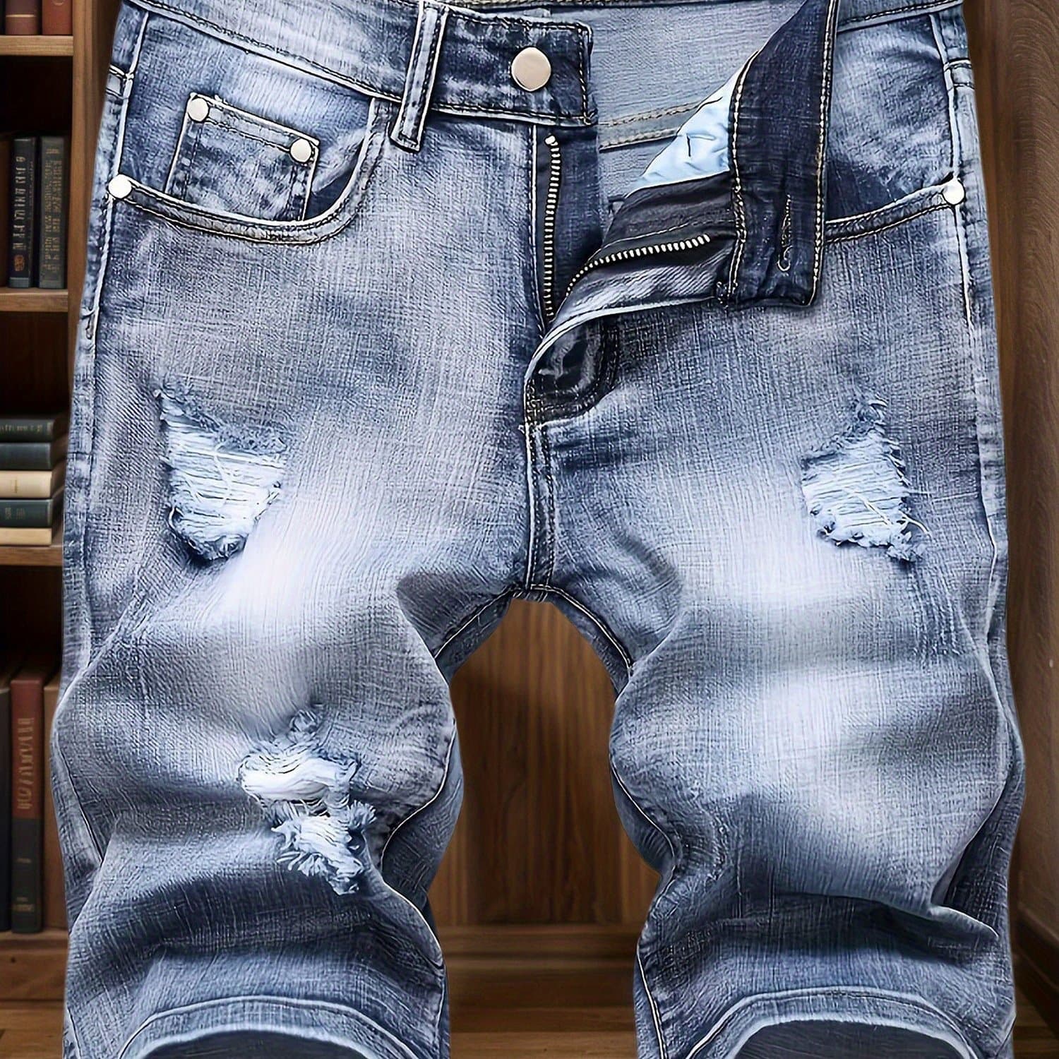 TEMU Jeans, Washed, Distressed, Straight Leg, Durable Fabric, Men' Style Shorts, Ripped And Stretchy Men's Mid- Length Shorts Summer, Tight- Fitting And - Out Men's Pants