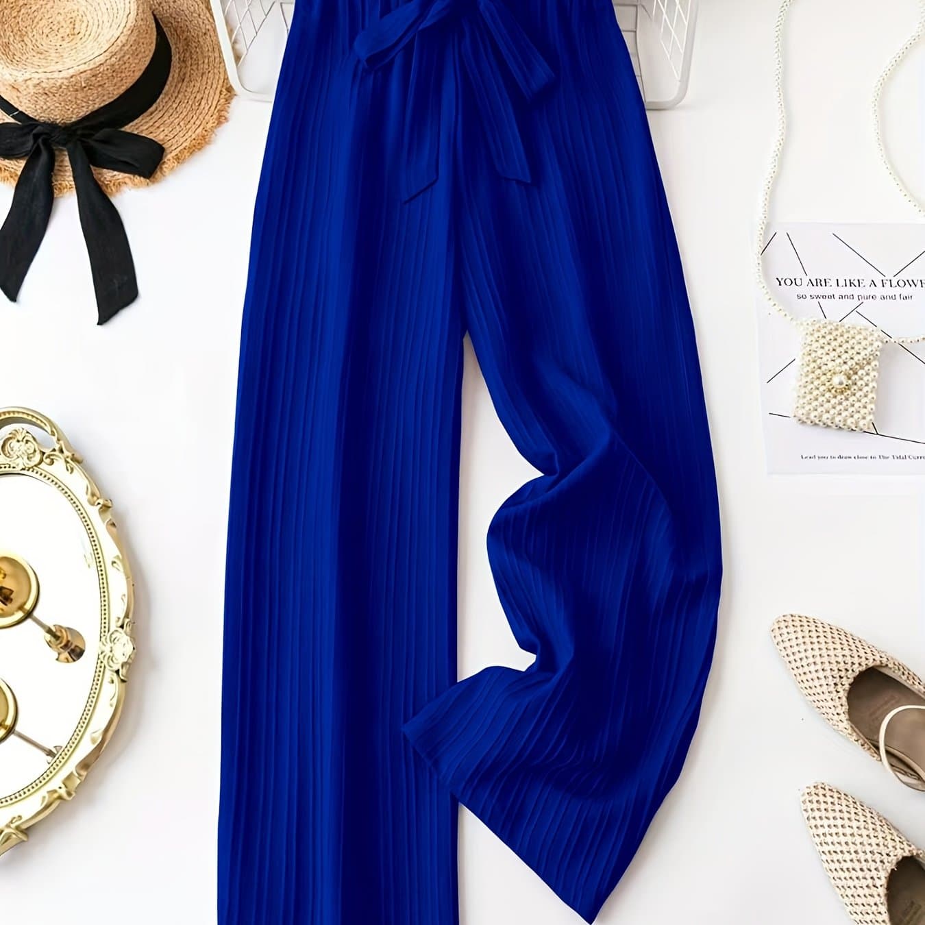 TEMU (cat Ear Special Edition Number Yy0511215) Cross-border In-stock Wide-leg Pants, European And American Export Women's Pants, Solid Color Belt Casual Pants