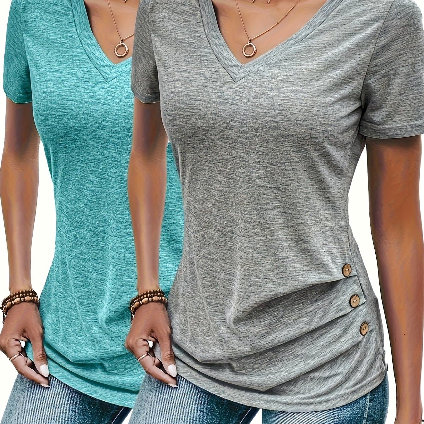 TEMU 2pcs Spring Summer New Solid Color Hem Button -neck Short Sleeve, Loose Casual Top Base T-shirt Comfortable Fashionable - Suitable For Spring Summer Daily And Home
