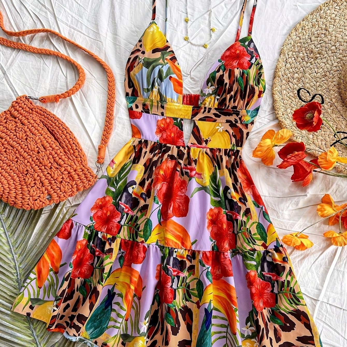 TEMU Platform Style And Women's V-neck Backless Animal And Floral Print Mini Beach Cami Dress