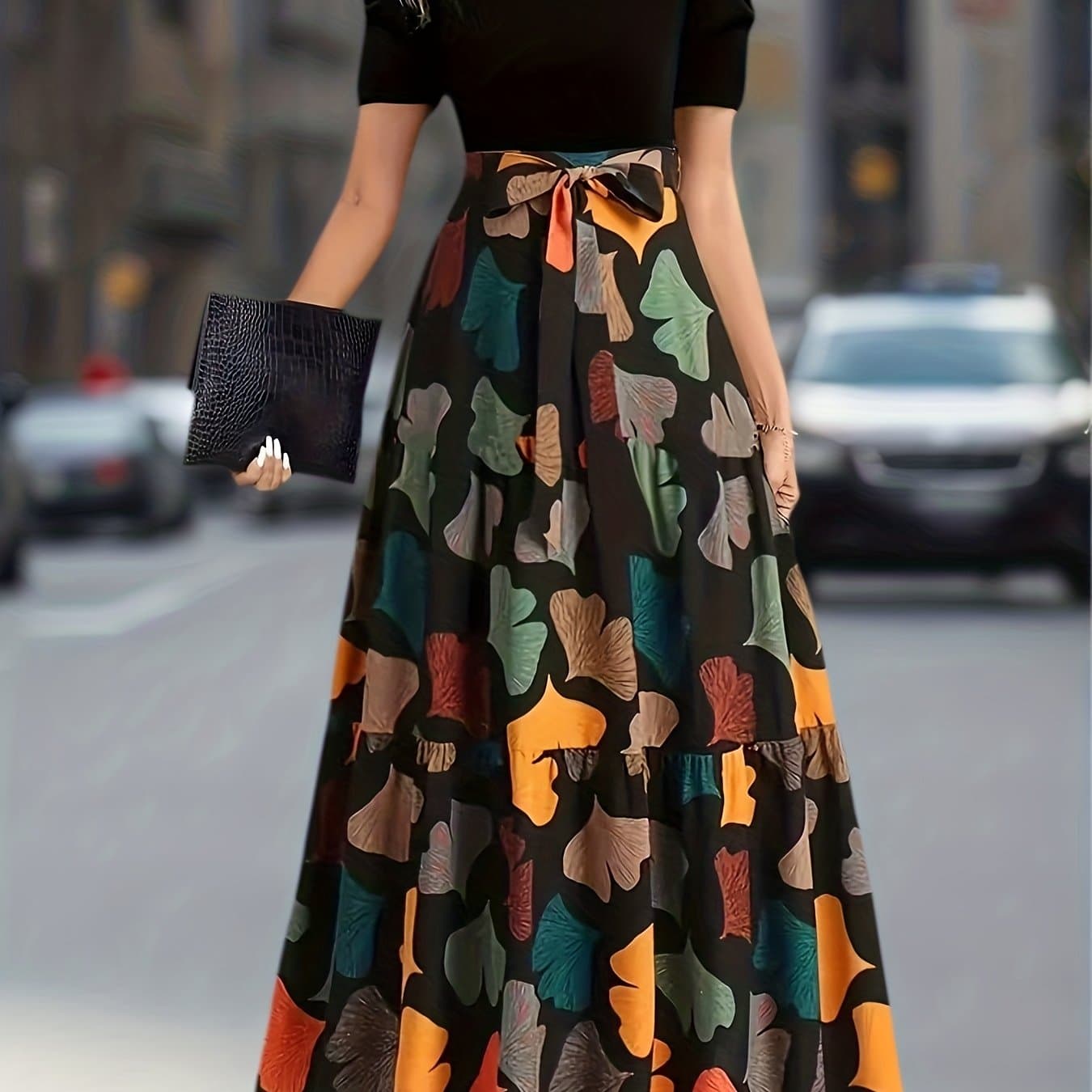 TEMU Retro Ginkgo Leaf Print Dress Women's Puff Sleeve High-waist Tie-belt Flared Maxi Dress Artistic Casual A-line Skirt