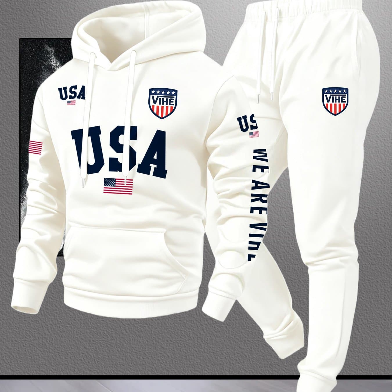 TEMU [new In The Store] Men's Casual Sportswear Set, White Usa-themed Hoodie With Matching Pants, , Comfortable And Versatile, Suitable For Daily And Casual Occasions
