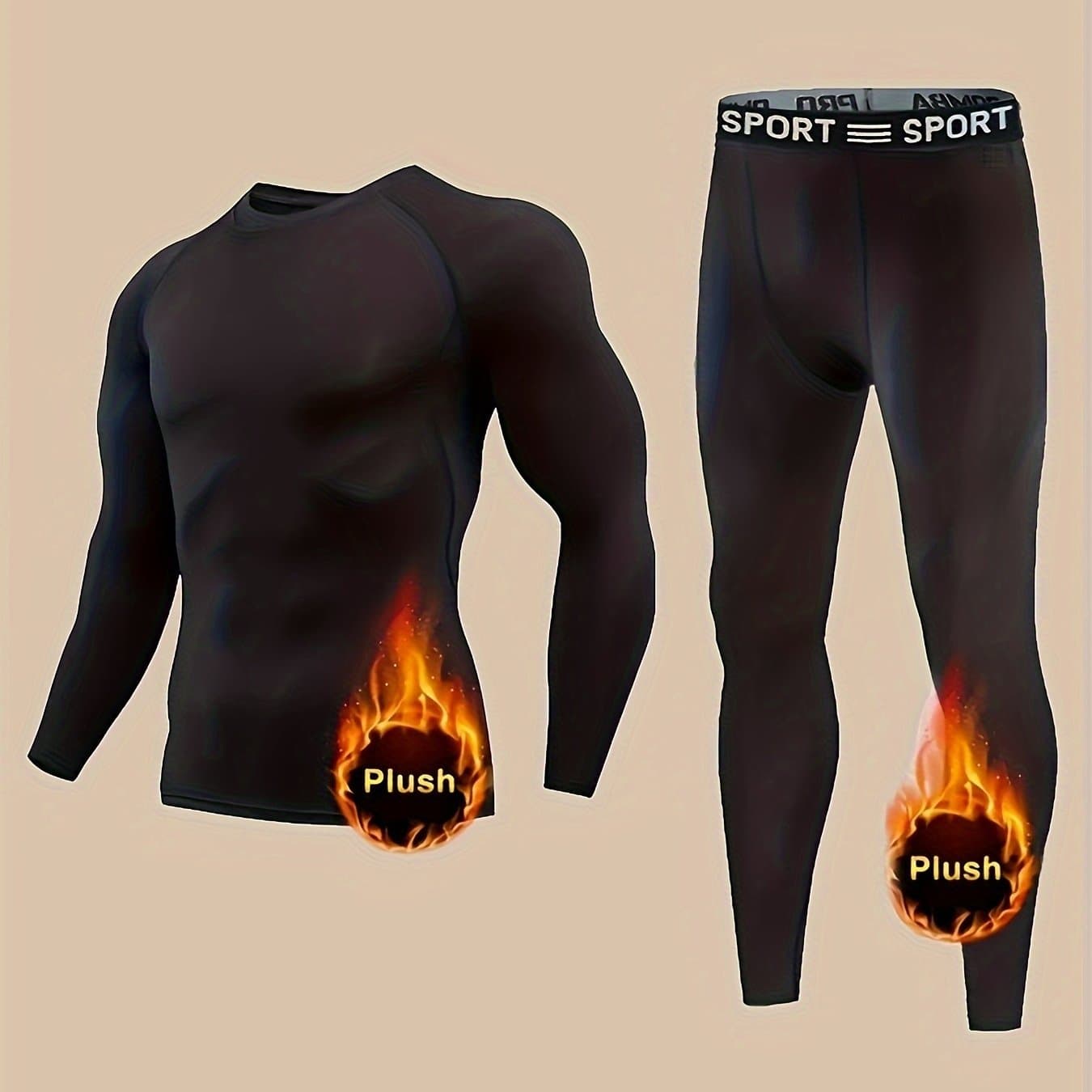 TEMU Men's Thermal Underwear With Fleece Lining, Winter Hunting Outdoor Skiing Winter Warm Base Pants, Tight Long-sleeved Round Neck Top And Bottom Pants Set
