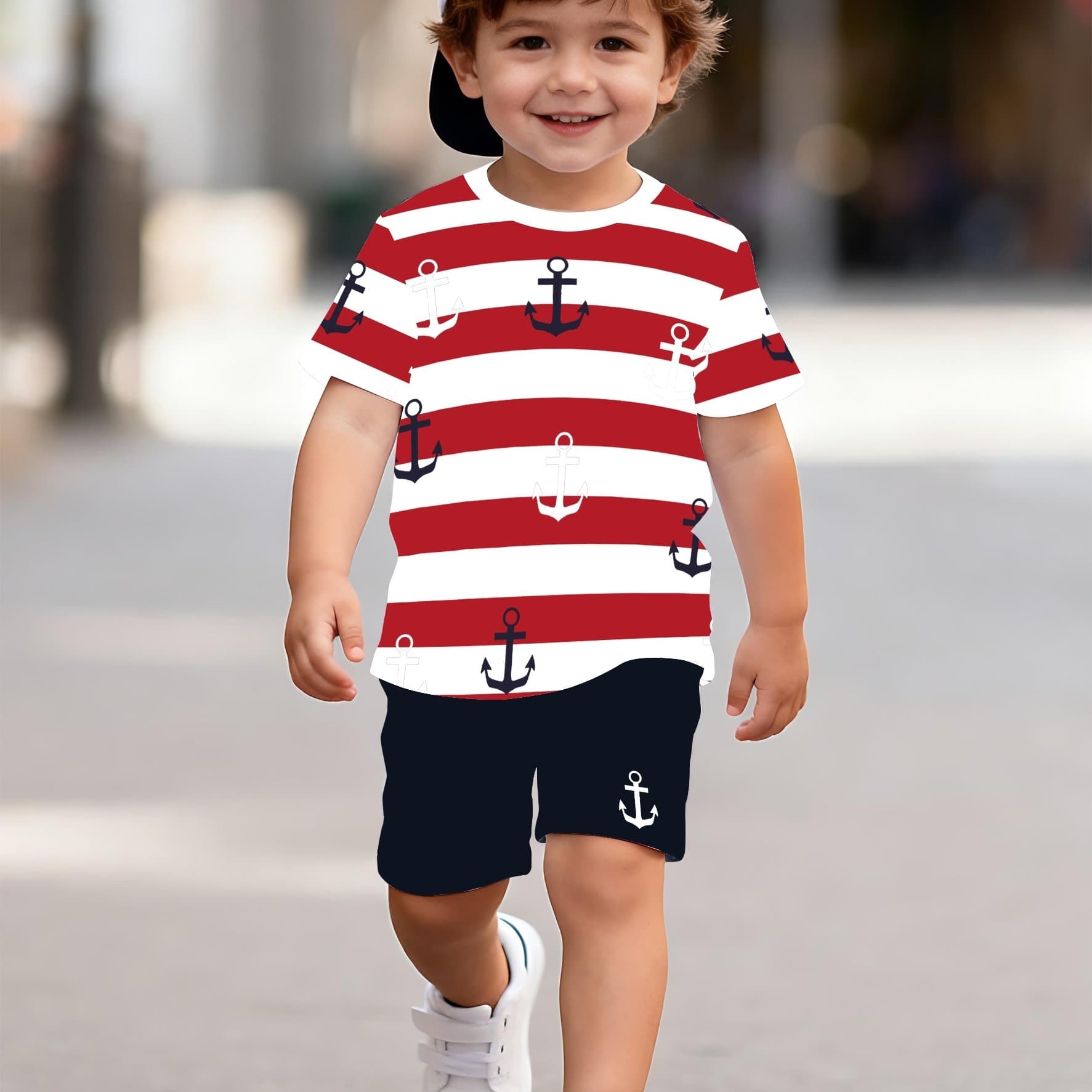 TEMU 2pcss Toddler Boy Shorts And T-shirt Set - Casual , Cartoon Pattern Anchor Print Round Neck Short Sleeve And Shorts Summer 2pcss Outfit, Boys' T-shirt Shorts Set, For Outdoor