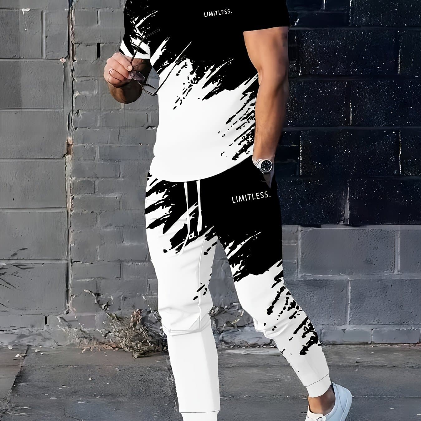 TEMU Men's Digital-print, Short-sleeved T-shirt And Sports Drawstring Pants - A Stylish Geometric Black And White Print 2pcs Set.