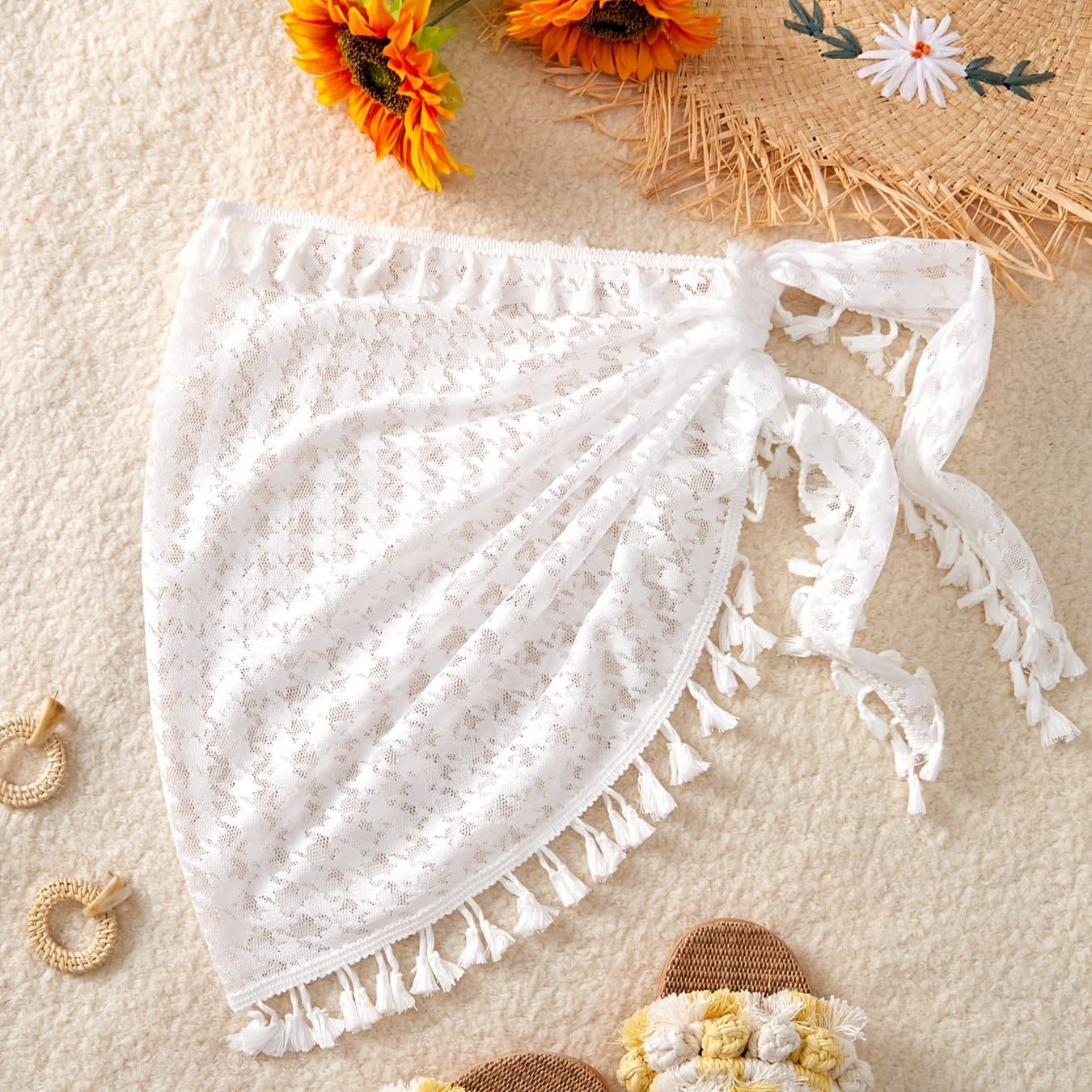 TEMU Women's Elegant Lace Beach Wrap Skirt With Tassel Details - Lightweight Semi--up For Summer Vacations, Poolside Lounging & Casual , Beach Dresses, Intricate , Soft Flowy Fabric