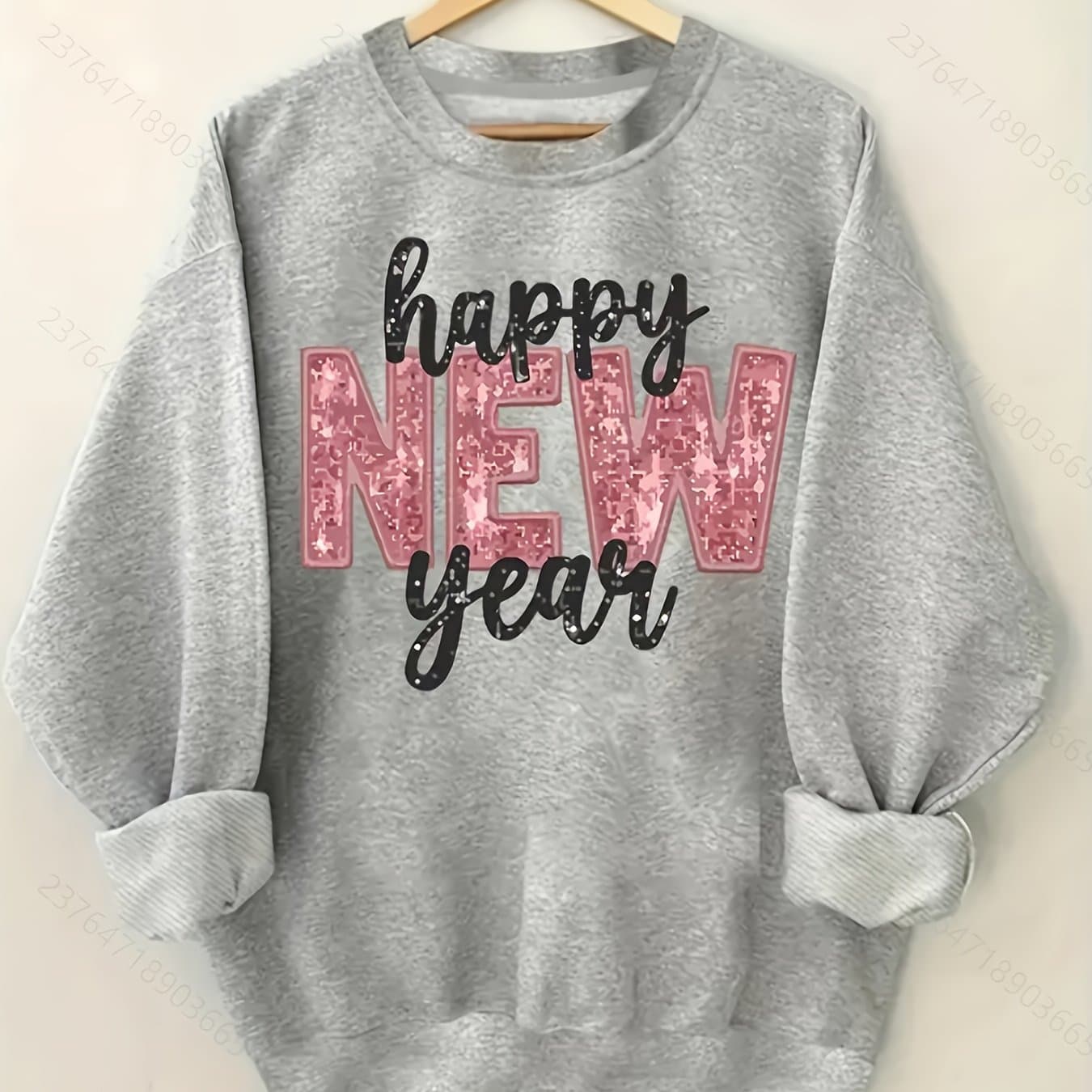 TEMU 1pc Women's Casual Crew Neck Sweater, Happy New Year Letter Graphic Print Long Sleeve Pullover For Autumn/ Winter, Grey Sweatshirt