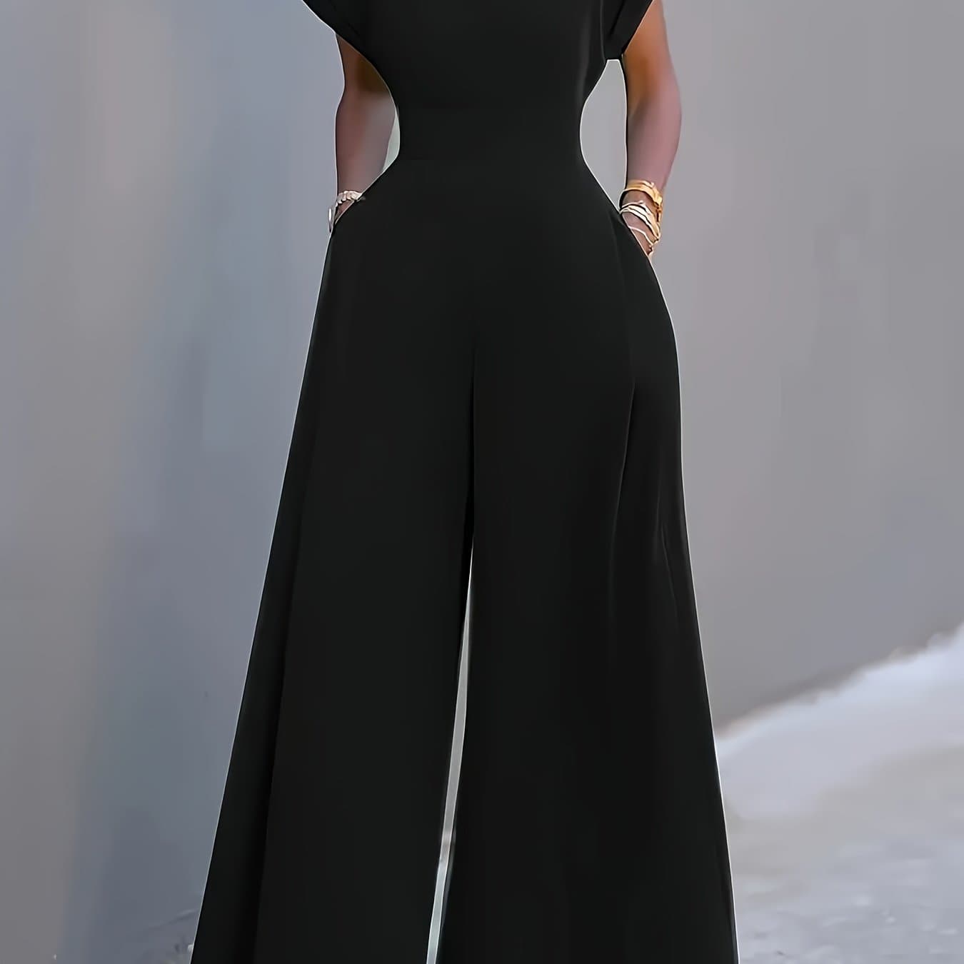 TEMU -piece Home Clothes, Solid Color Short-sleeved V-neck Wide-leg Jumpsuit, Women's Elegant Waist Pants, High-end Fashion Slim-fitting Wide-leg Pants With Pockets