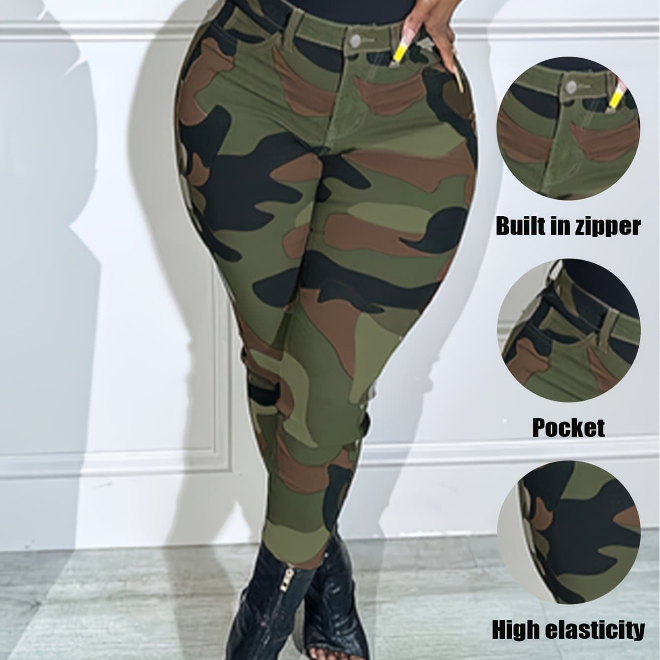 TEMU Women's Camouflage Tight Stretch Button Jeans