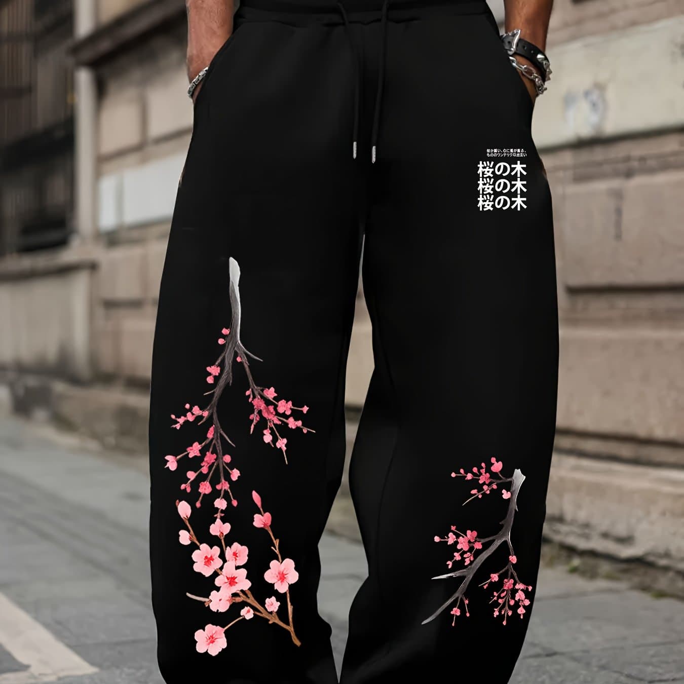 TEMU Men's Athletic Pants Featuring A Unique Gothic Cherry Pattern Print, With An Elastic Waistband And Drawstring For A . Ideal For Streetwear And Casual Casual Attire