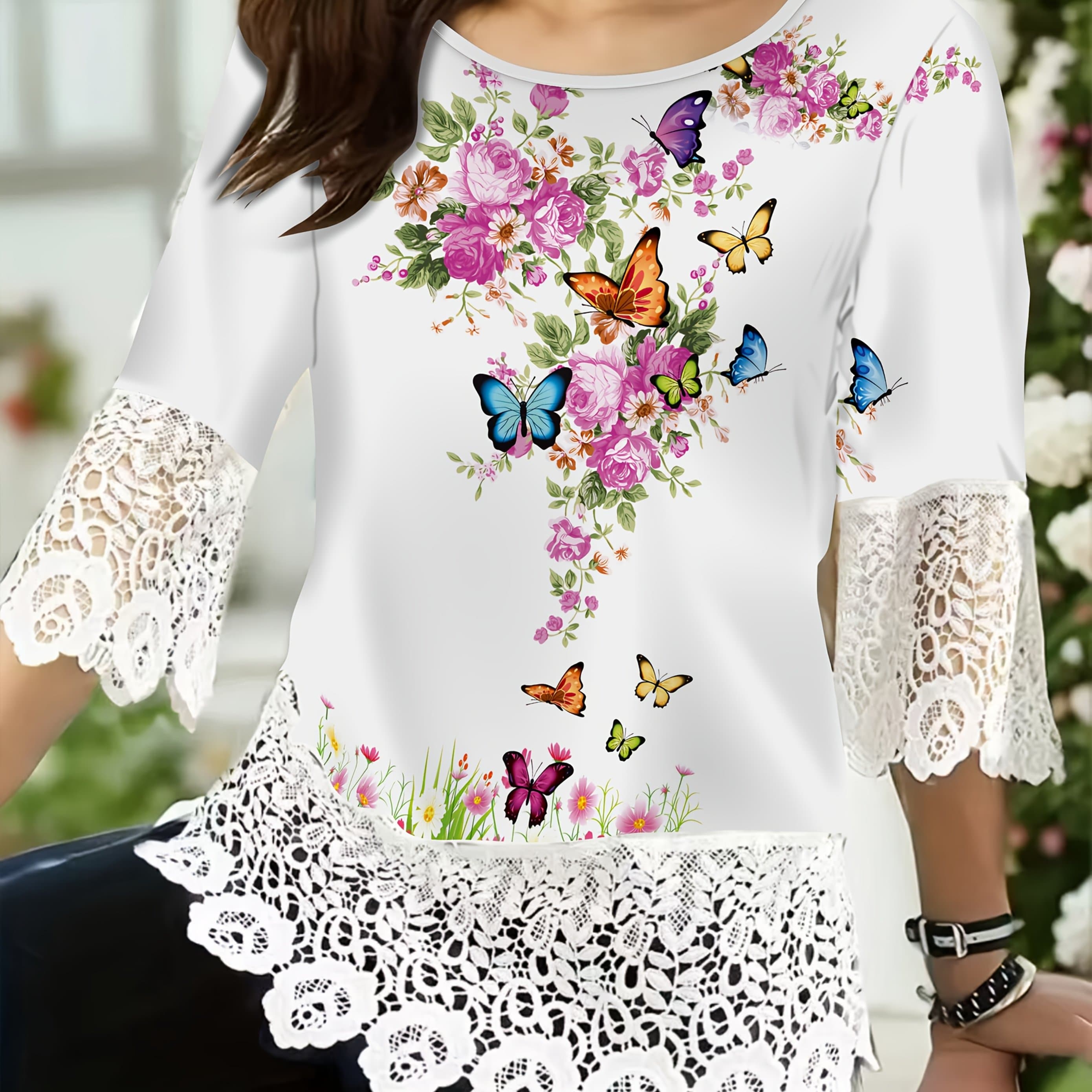 TEMU Women's Elegant Print Lace Trim Top - White Crew Neck Blouse With Floral & , 3/4 Sleeve Crop Shirt For Spring/summer, Casual To Formal Wear, Decorations