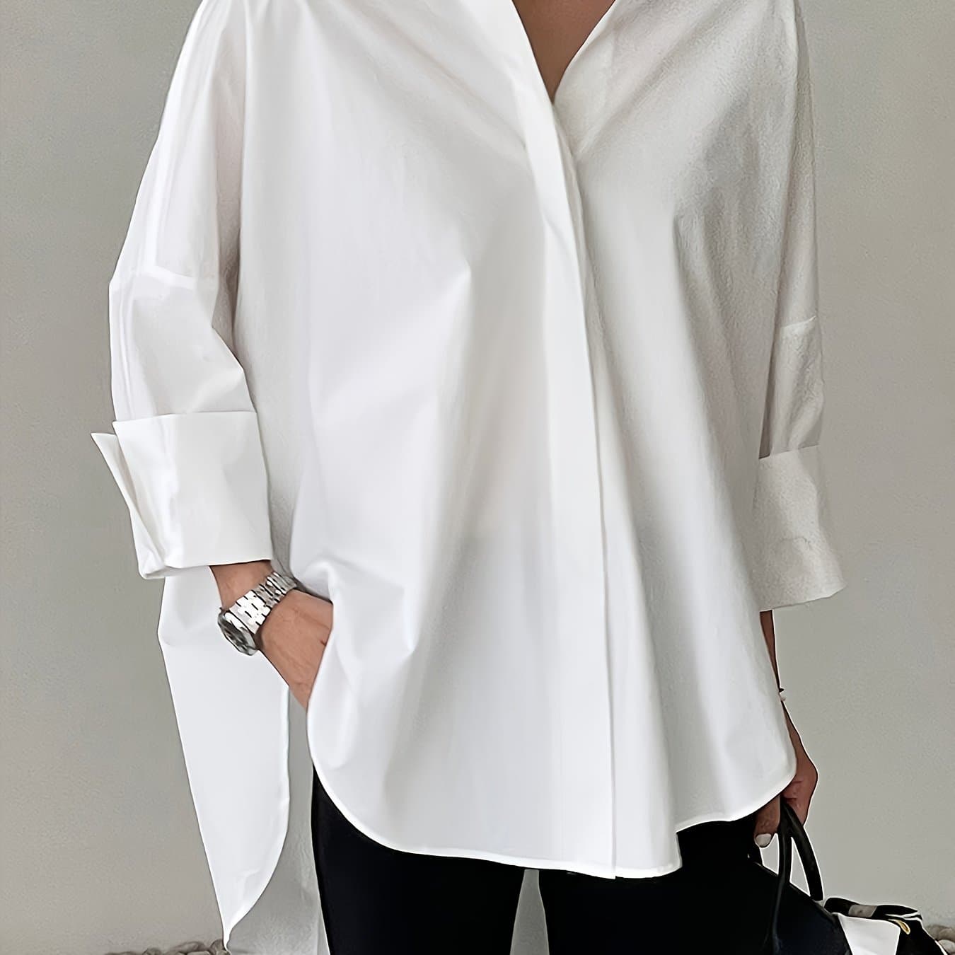 TEMU Solid Color Turn- Collar Casual Loose Fit Front Short Back Long Shirt, Stylish Versatile Minimalist Blouse For Women