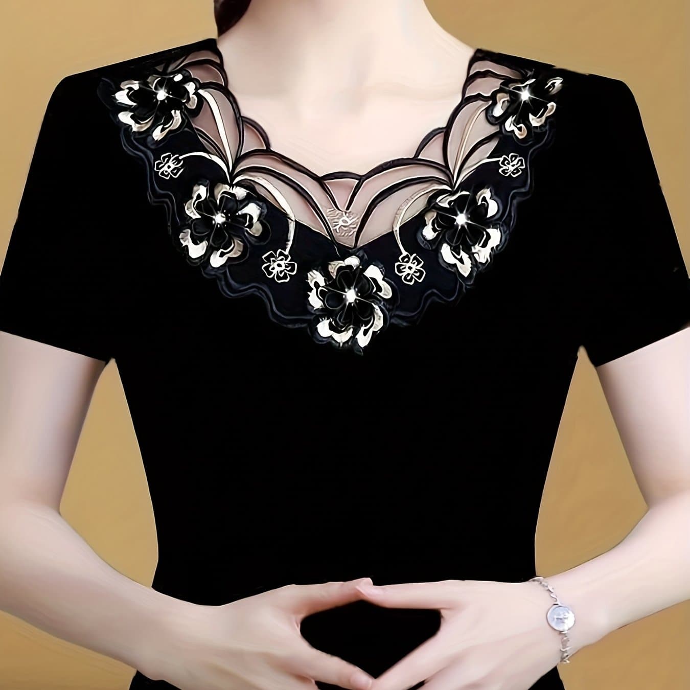 TEMU Elegant And Sexy Semi-sheer Lace Top With Three-dimensional Beaded Embroidered Floral Neckline, Slim-fit Short Sleeve Women's Summer T-shirt With Sparkling Bead Decoration