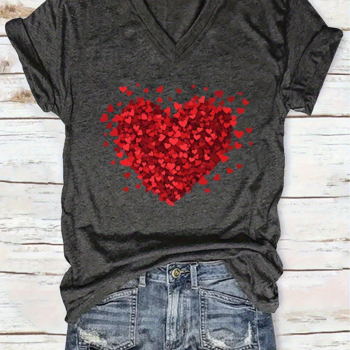 TEMU Plus Size, Plus Size Women's V-neck T-shirt- Stylish Casual Printed T-shirt, Polyester Jersey Fabric- Lightweight And Breathable, And Summer, A Perfect Gift For The