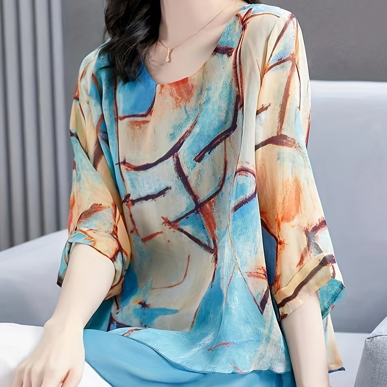 TEMU Fashion Printed Women'-quarter Sleeve Shirt With Lining