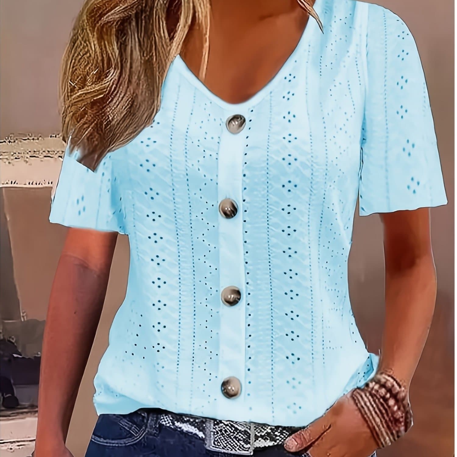 TEMU Light Blue V-neck Short Sleeve T-shirt With Decorative Buttons - Breathable, High , Semi-transparent Jacquard Top For Women, Suitable For Spring And Summer, Ladies' T-shirt
