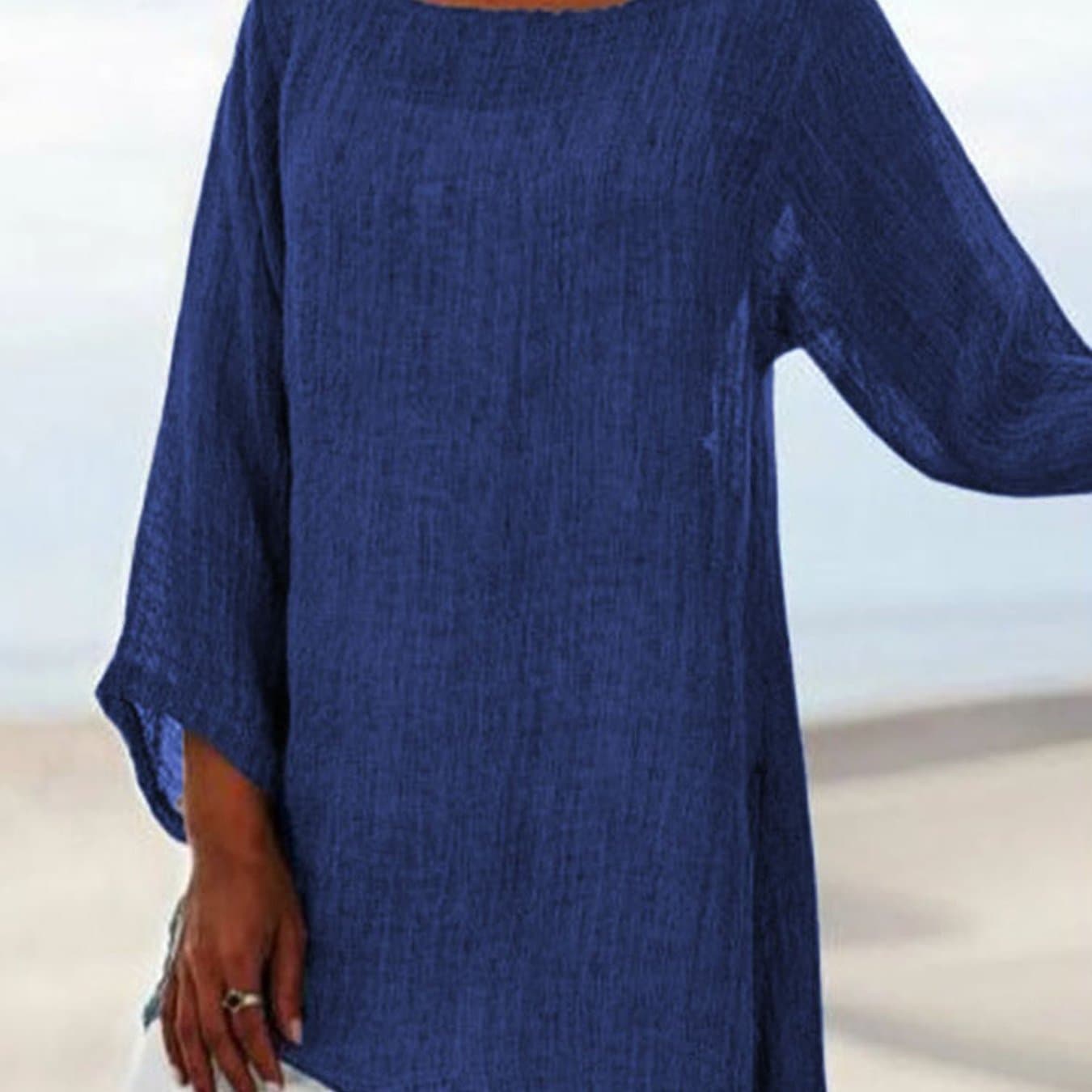 TEMU Plus Size - Plus Size - Plus Size Women's Solid Irregular Hem Round Neck Long Sleeve Top