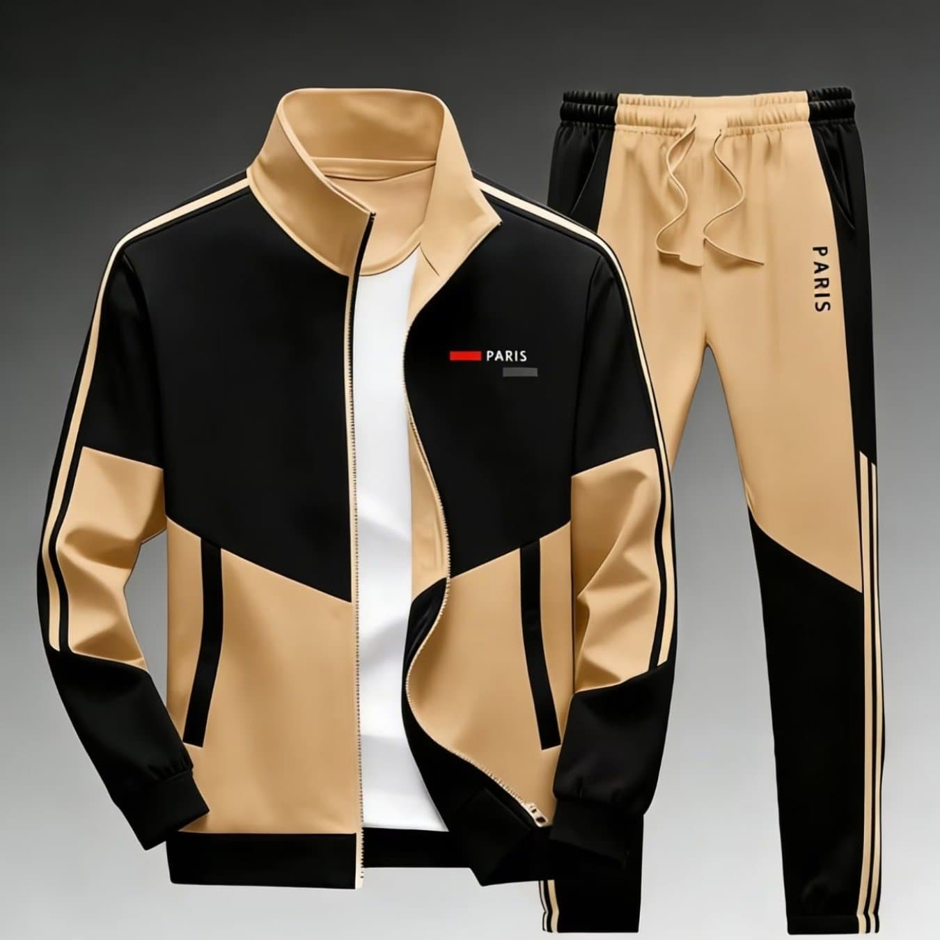 TEMU Track Jacket And Pants Set Street Style Casual With Contrast Stripes Paris Logo Print Men's Fashion Sportswear For Adults Men Casual Wear