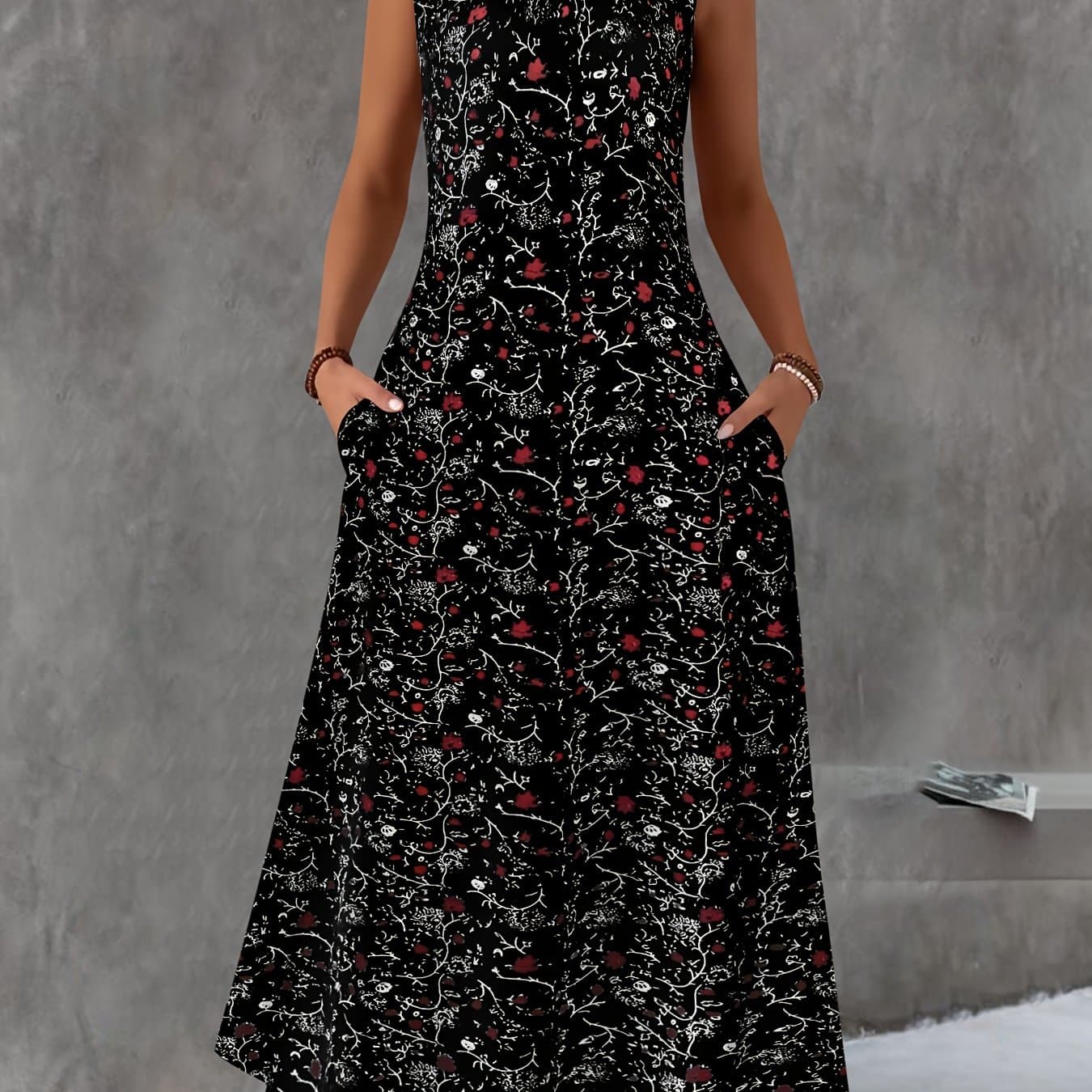 TEMU Plus Size, Summer Women's Fashion Small Floral Print Sleeveless Vest Dress With Round Neck And Pockets, Casual Dress, Plus Size Women's Dress