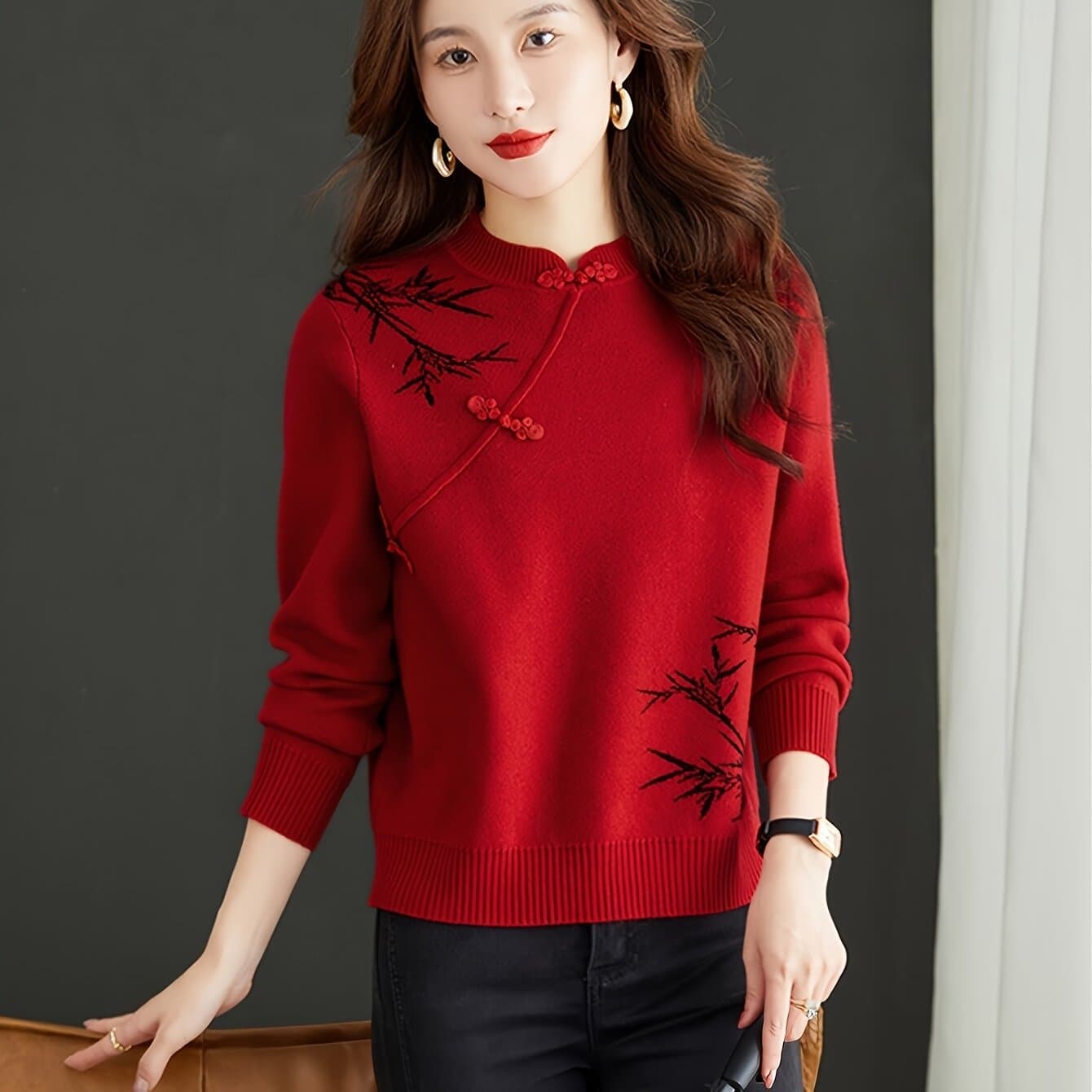 TEMU 1 Chinese Style Women's Top, Pullover Round Neck , Casual Breathable Top, Suitable For Daily Wear, Women's Clothing