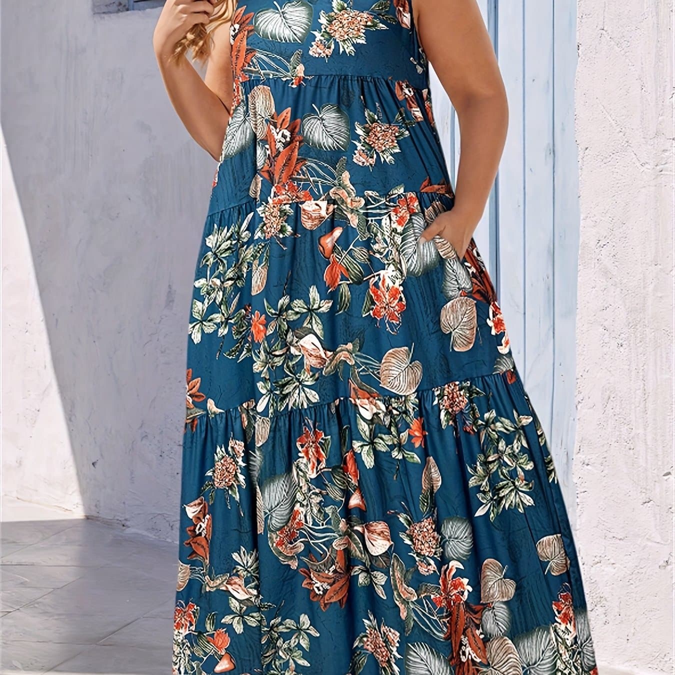 TEMU Plus Size - Plus Size - Plus Size Women's Bohemian Floral Print Spaghetti Strap Maxi Dress, Suitable For Summer Beach Vacation Pocket Sundress