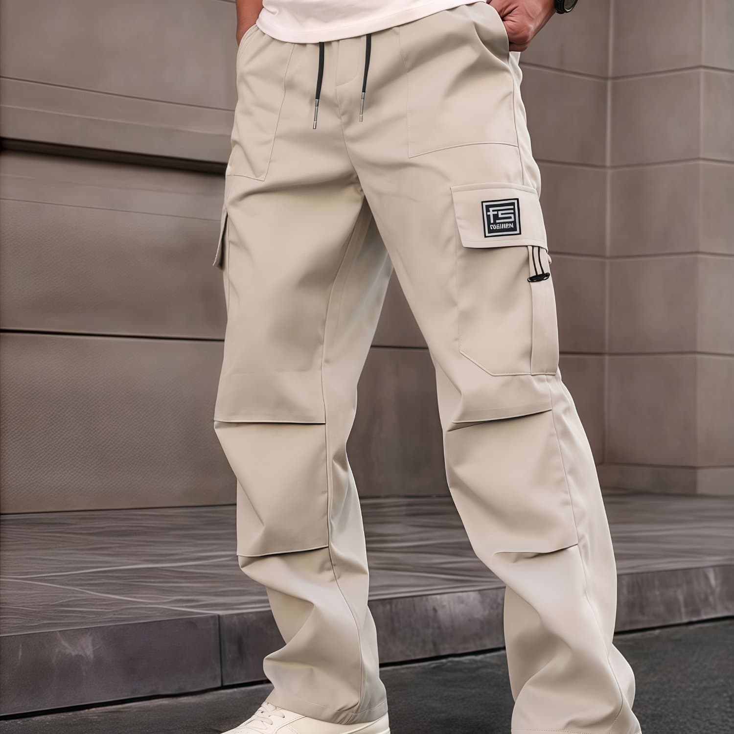 TEMU Men's Fashion Cargo Pants, Spring Autumn Loose Multi-functional Letter Patch Multi-pocket Drawstring Waist Casual Leisure Outdoor Long Trousers