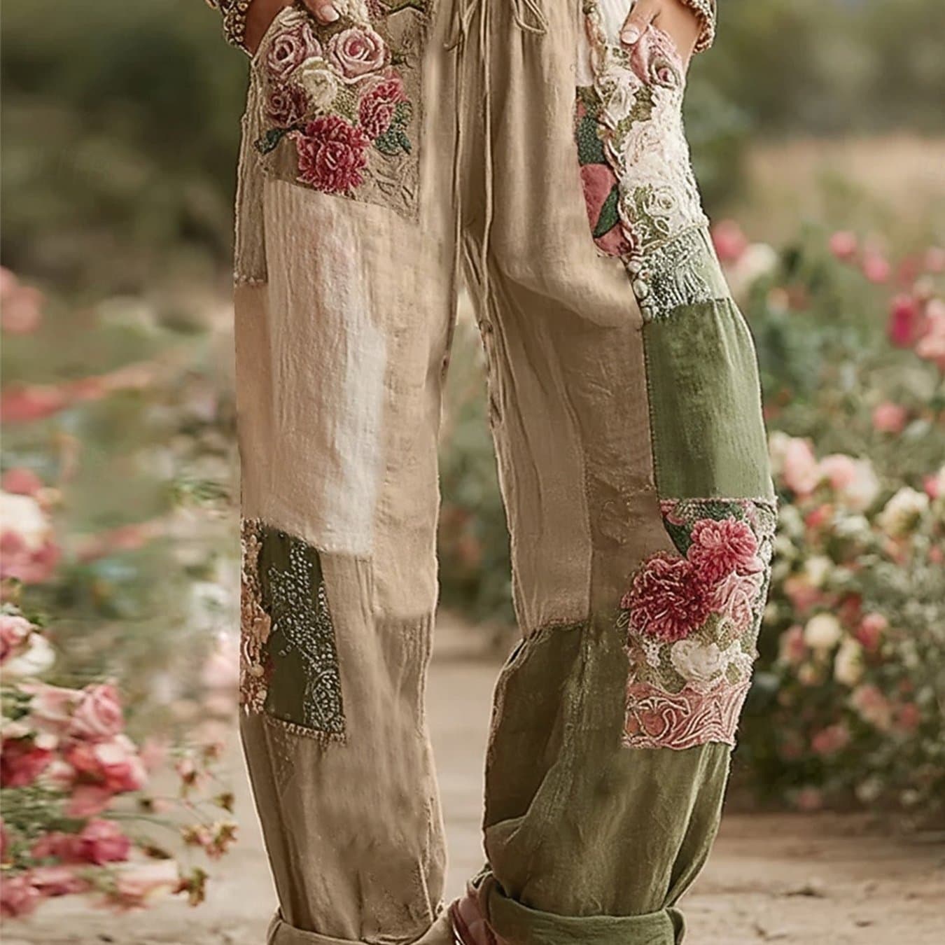 TEMU Women's Fashionable Floral Print Loose Wide-leg Pants, Casual Wide-leg Pants, Elastic Waistband- Loose-fitting Medium-stretch Fabric, Suitable For Home, Vacation, Beach, And Leisure