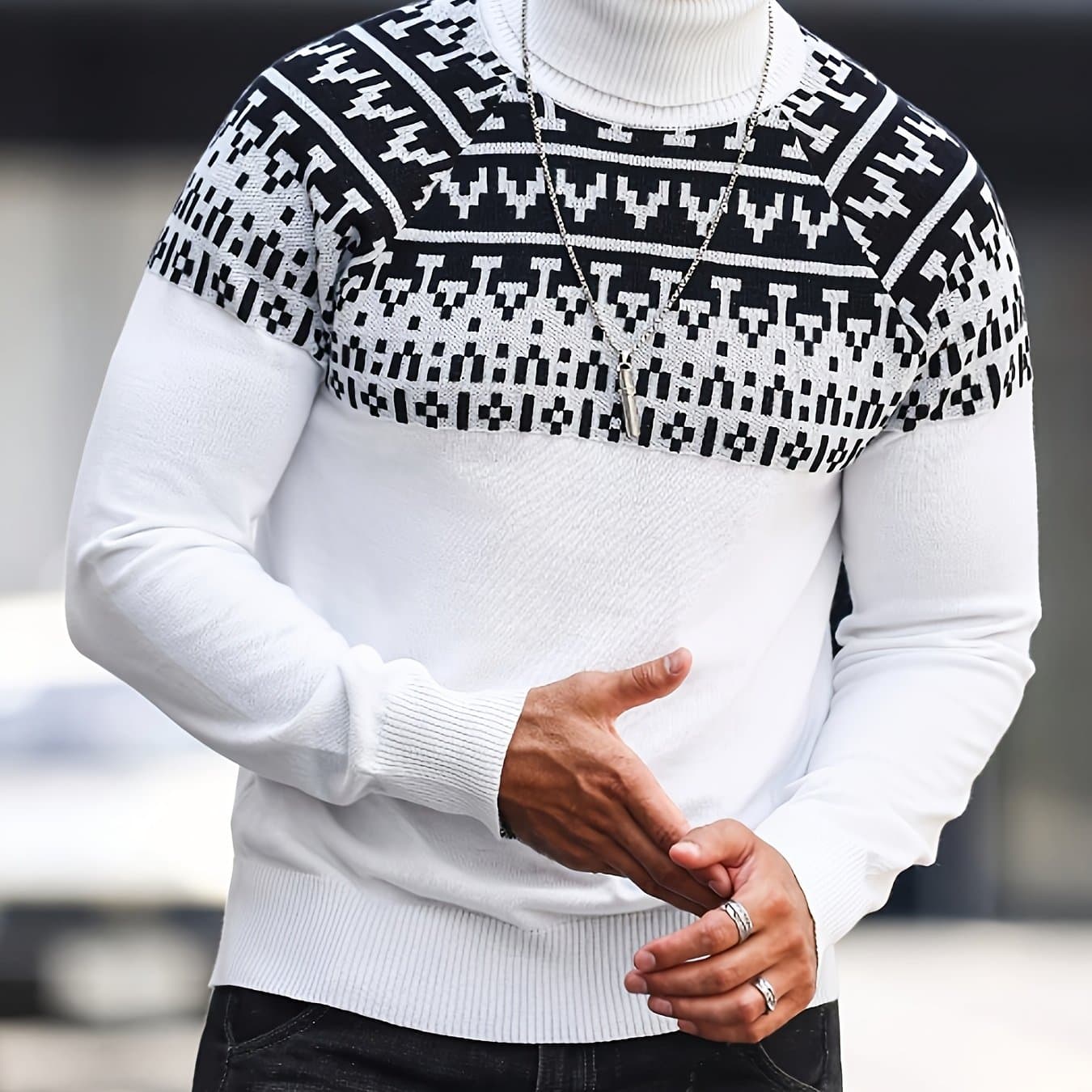TEMU Turtleneck Long Sleeve Jacquard Hooded Base Layer Sweater, Knit